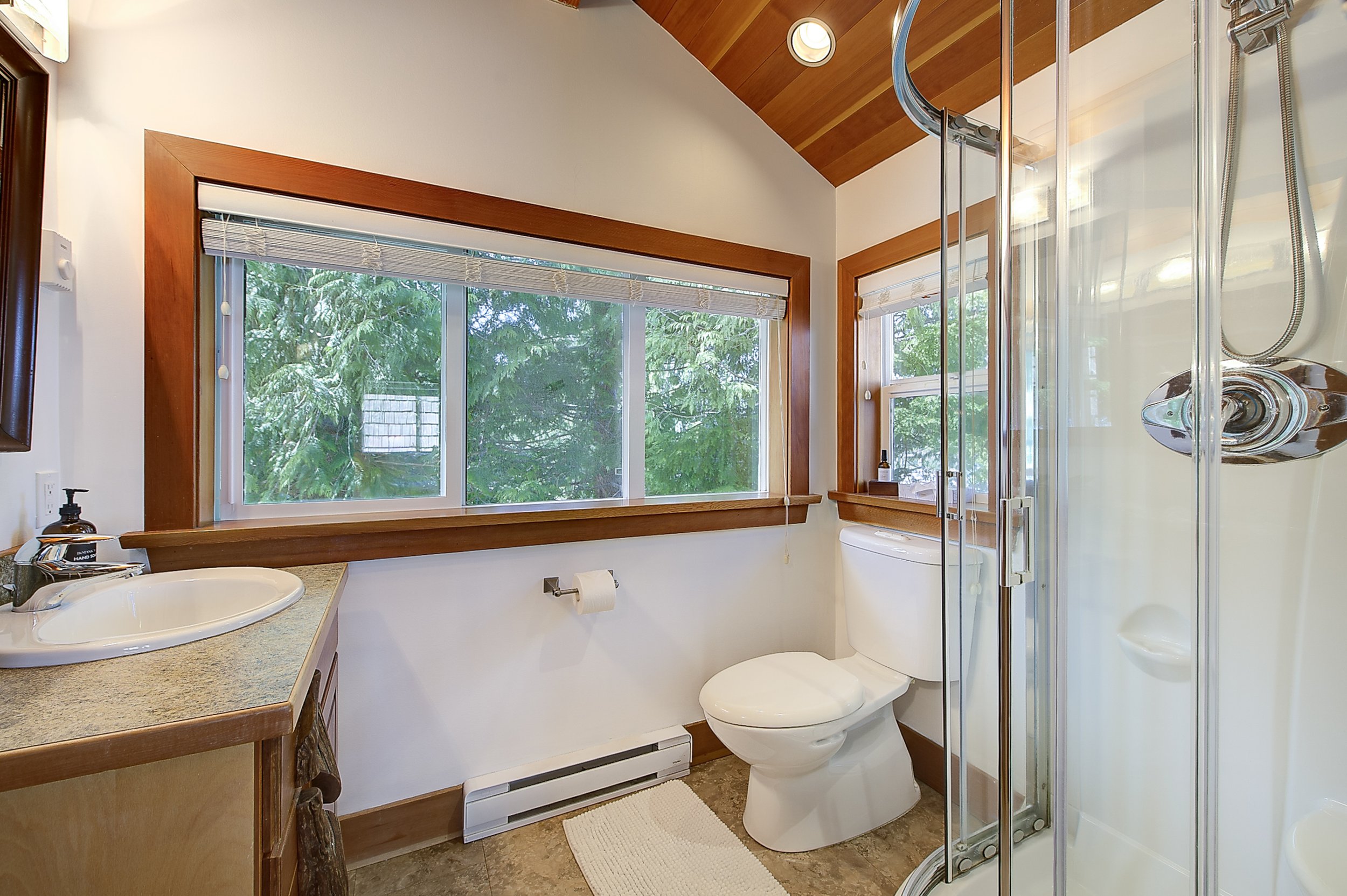A bathroom with a large window showing green trees outside, a shower stall with glass doors, a toilet, a sink with a granite countertop, and wooden trim around the window and ceiling.