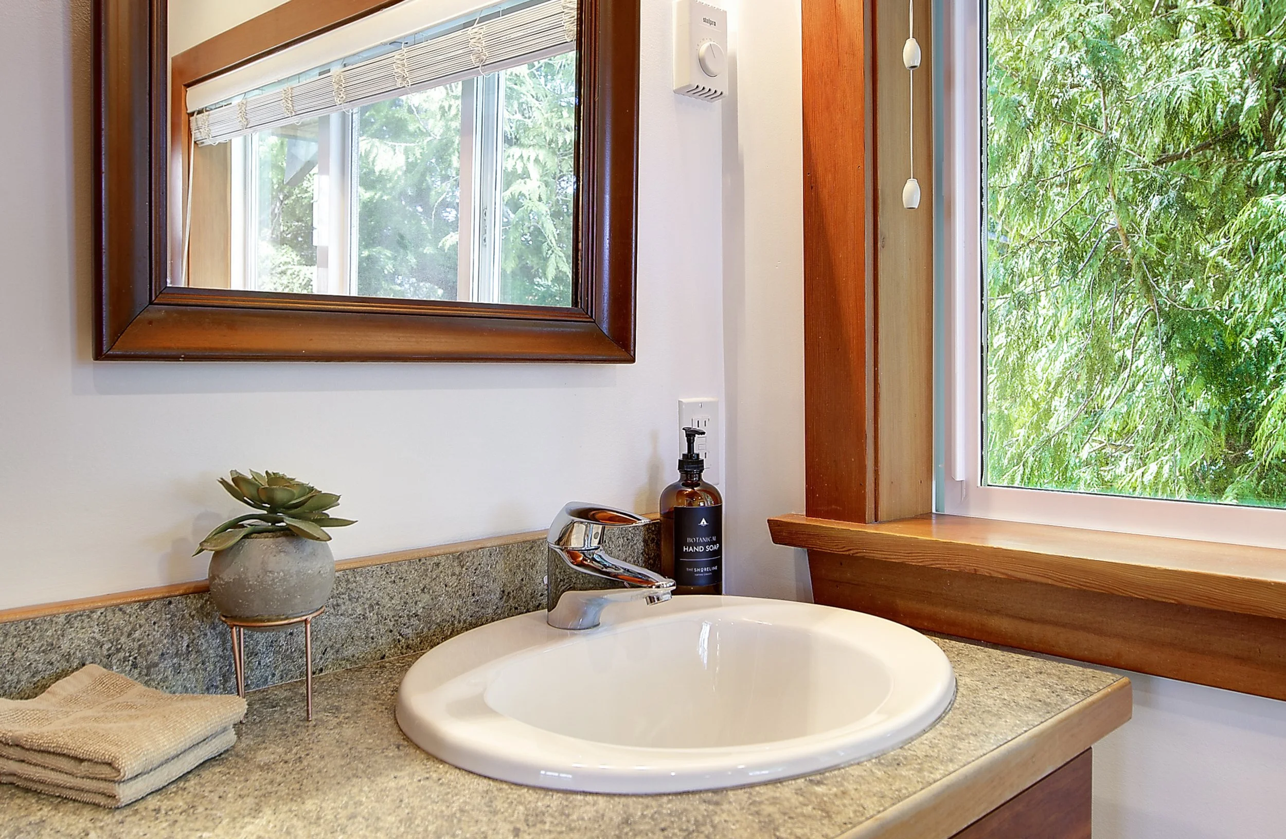 Bathroom vanity area with a white sink, a bottle of hand soap, a small potted succulent, neatly folded towels, a mirror with a wooden frame, and a large window showing green trees outside.