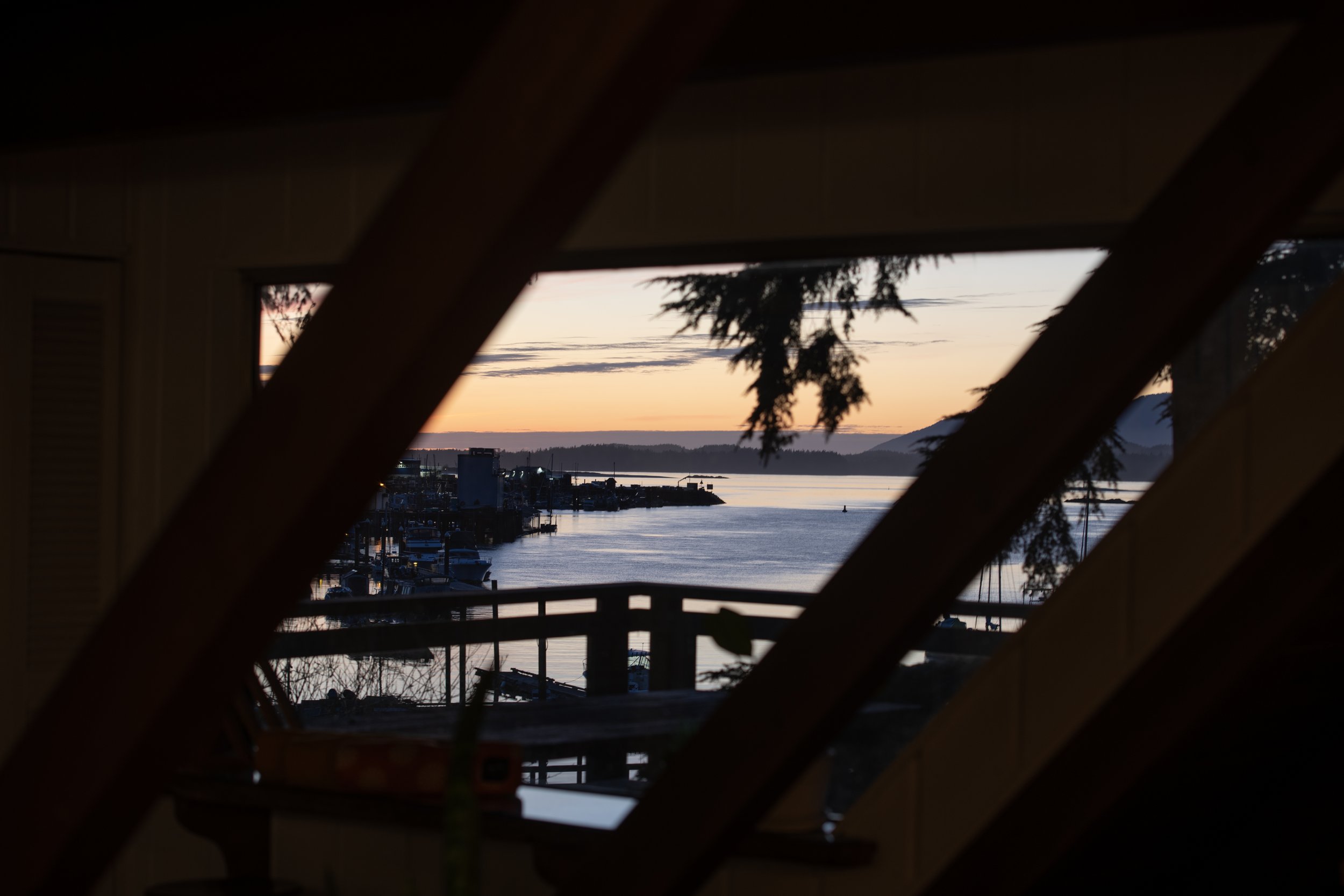 Sunset view of a harbor with boats, trees, and mountains in the distance, seen through window slats.