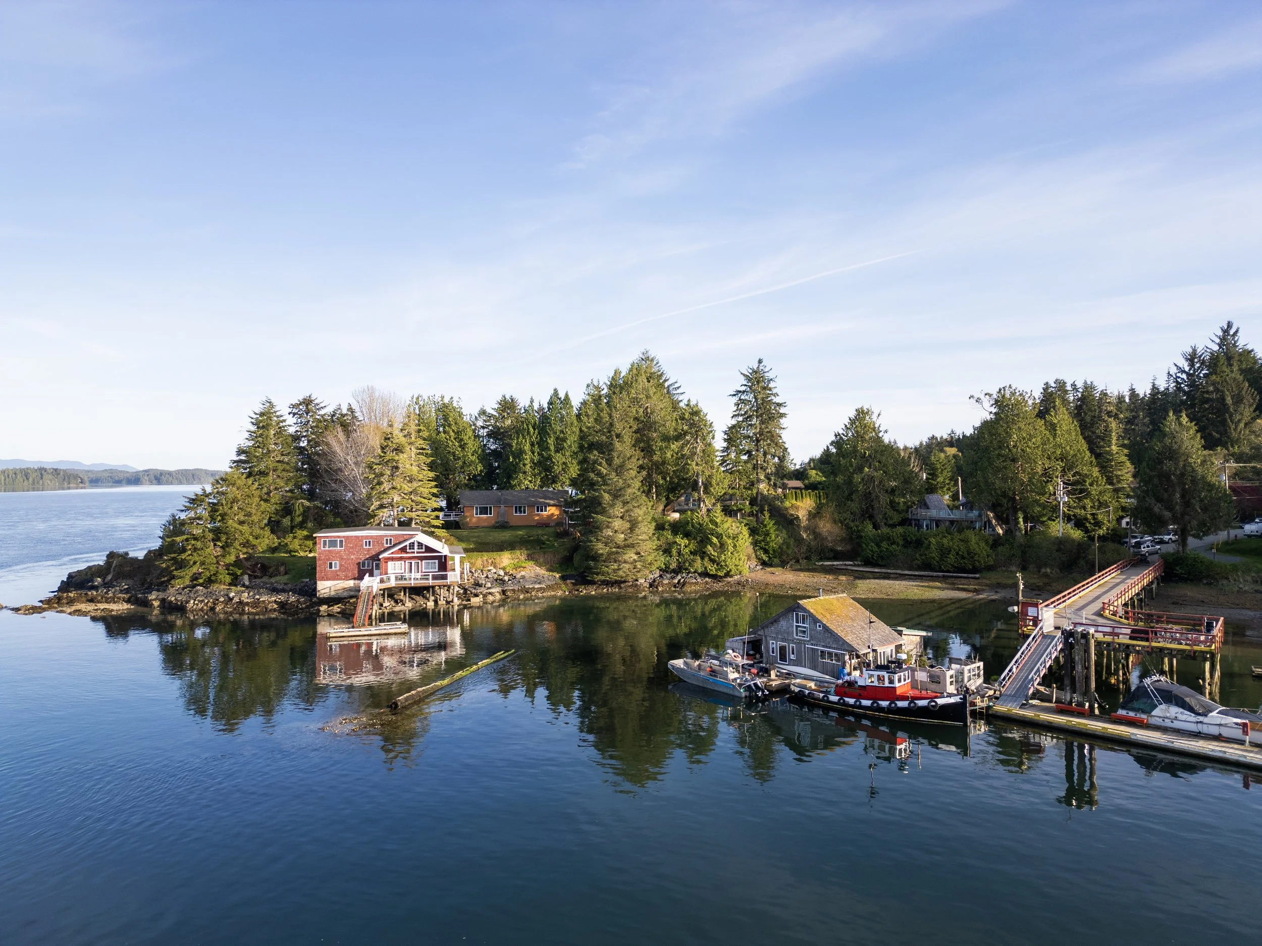 A scenic view of a small coastal community with houses among pine trees, a dock with boats, and calm water reflecting the trees and sky, under a clear blue sky with a few clouds.