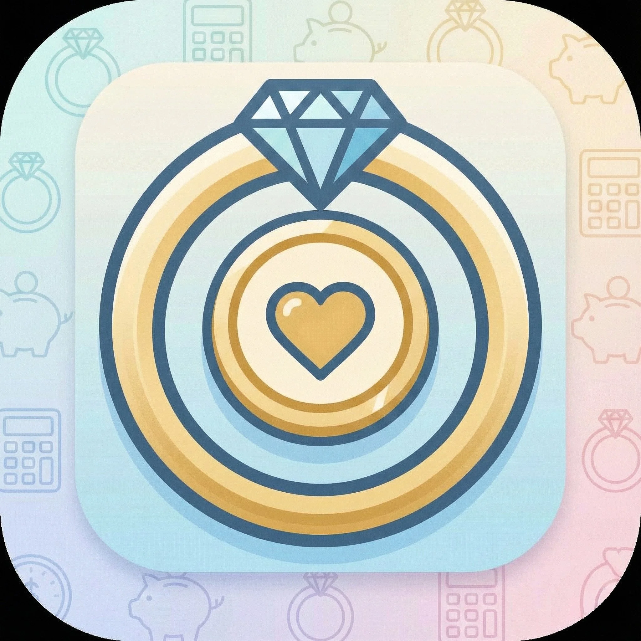 An icon of a ring with a large diamond on top, gold and blue in color, with a gold heart in the center of concentric circles, on a light background.