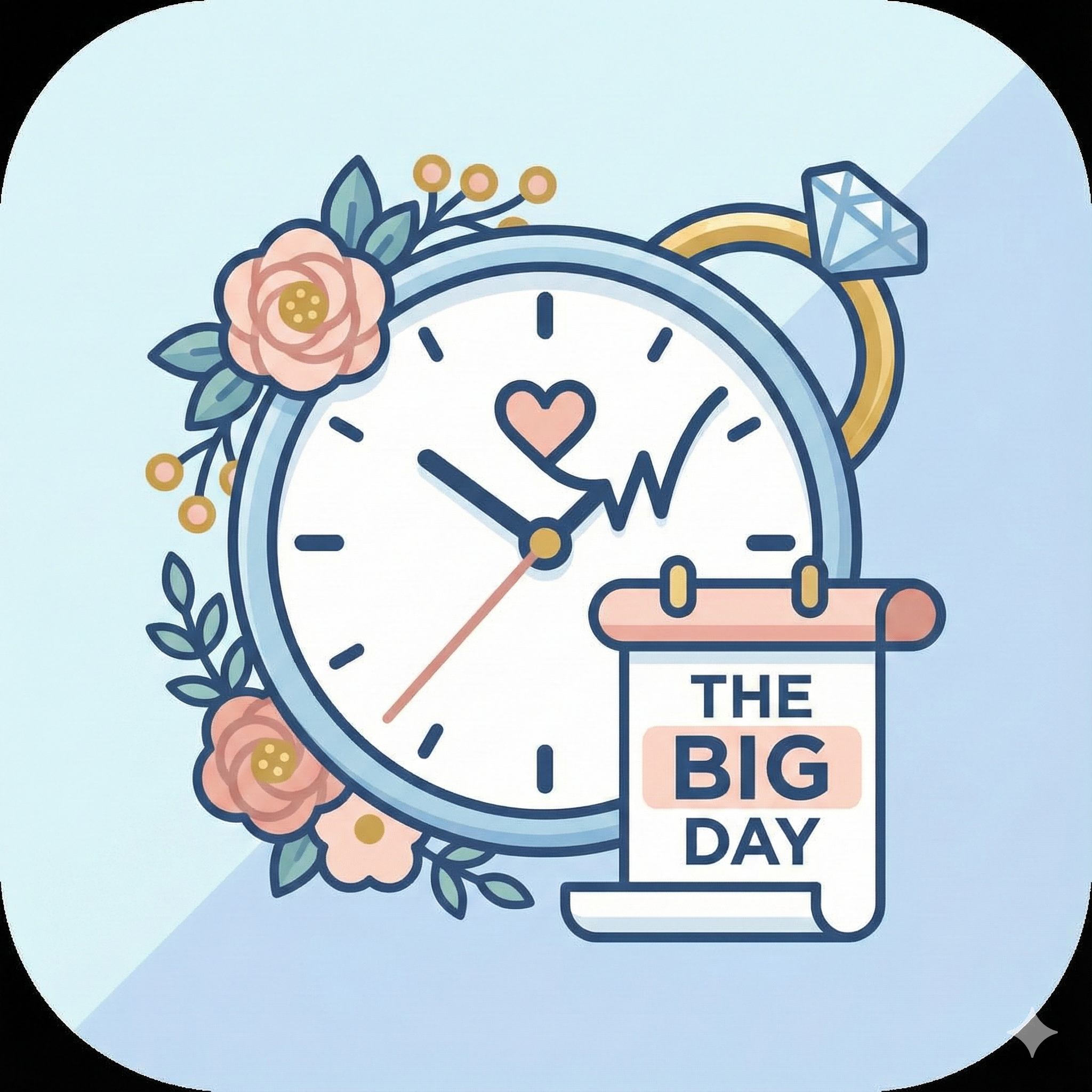 A clock surrounded by flowers and leaves, with a heart symbol below the 12 o'clock mark. Beside the clock is a scroll with the text "The Big Day," indicating an upcoming important event.