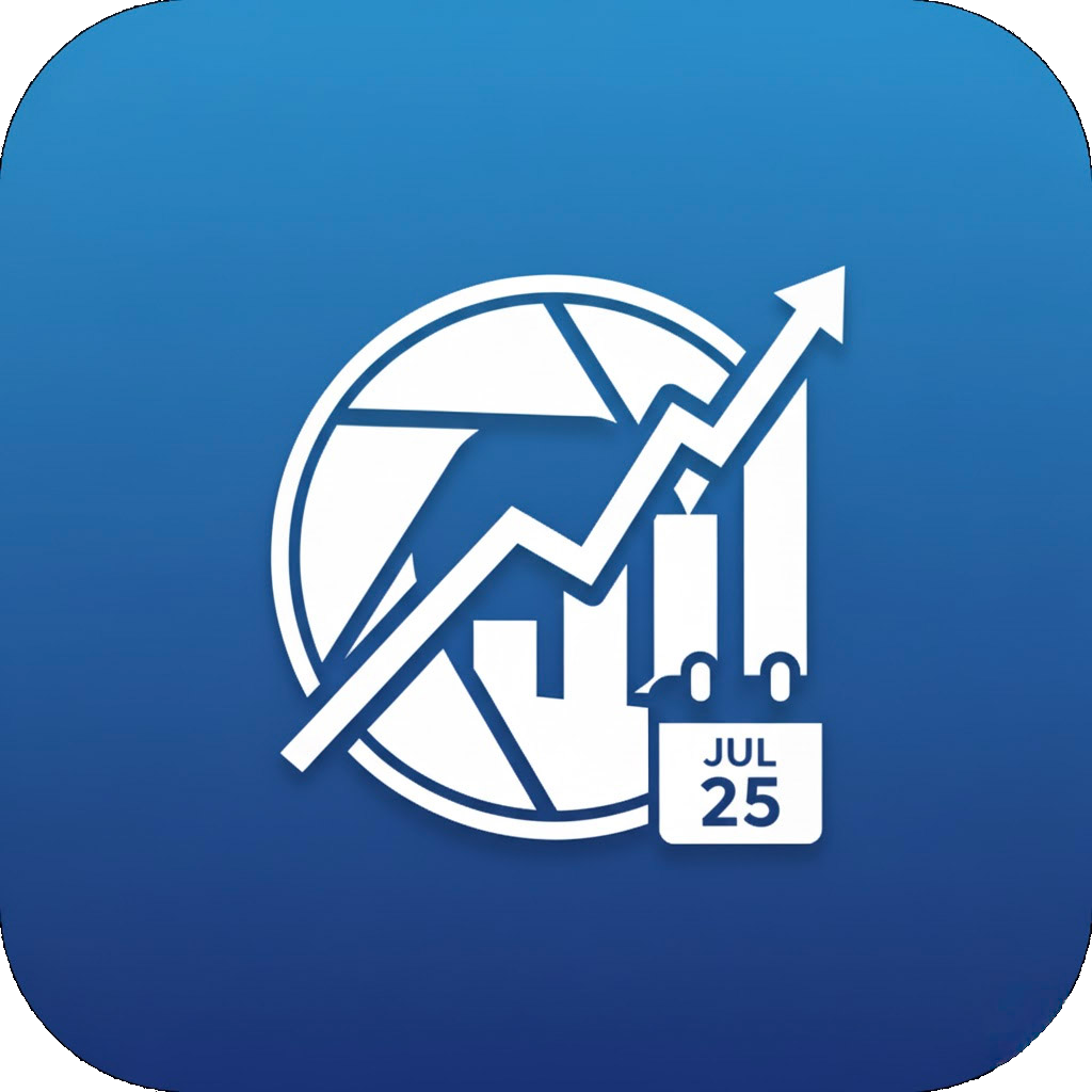 Icon of a globe with a rising arrow, bar chart, and a calendar showing July 25.