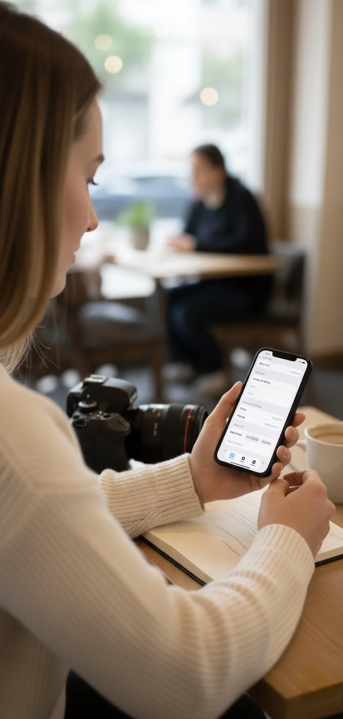 A woman sits at a table in a cafe or restaurant, holding a smartphone with a camera around her neck, and appears to be reviewing or editing photos or information on her phone. There is a notebook open on the table in front of her, and another person is sitting at a different table in the background.