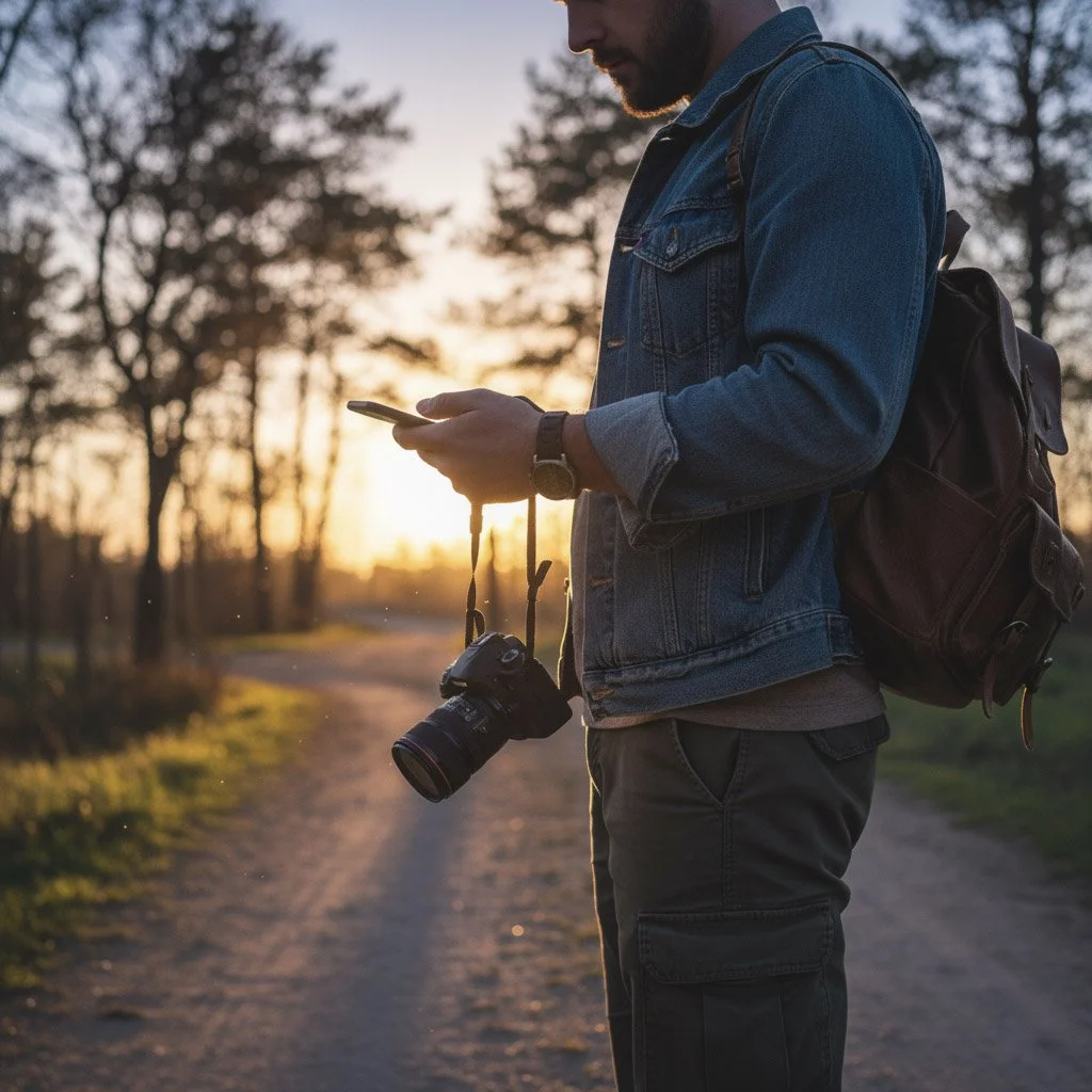 A man standing on a dirt path in a forest at sunset, looking at his phone, with a camera hanging from his neck and a backpack on his shoulder.