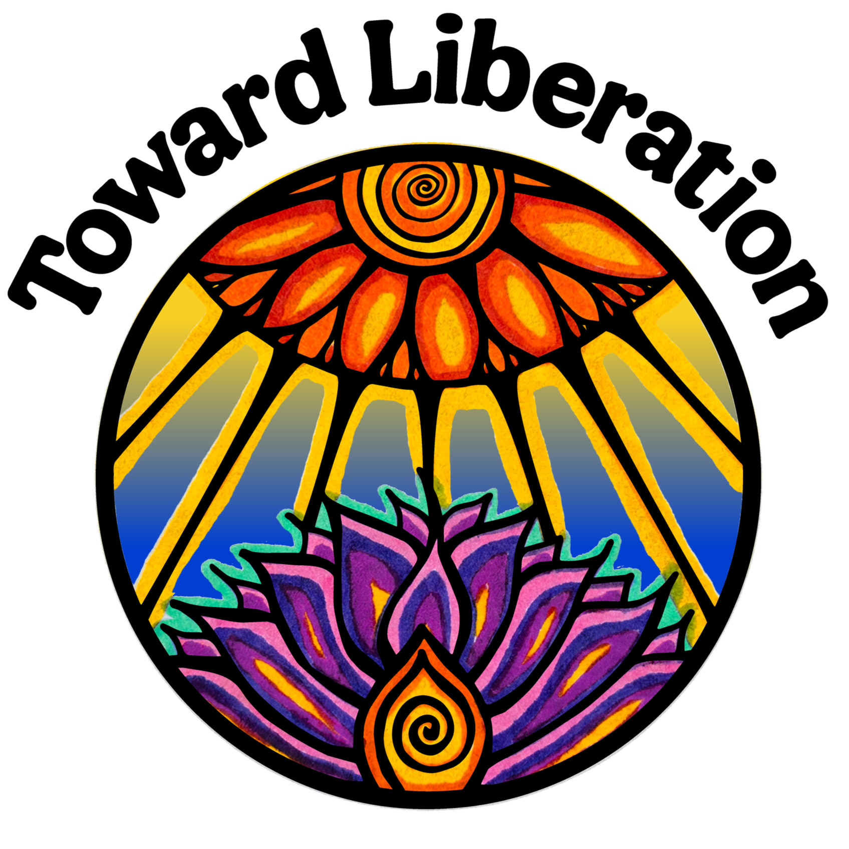 A round brightly colored logo depicting a lotus flower at the bottom and a sun at the top with the words "Torward Liberation" across the top.
