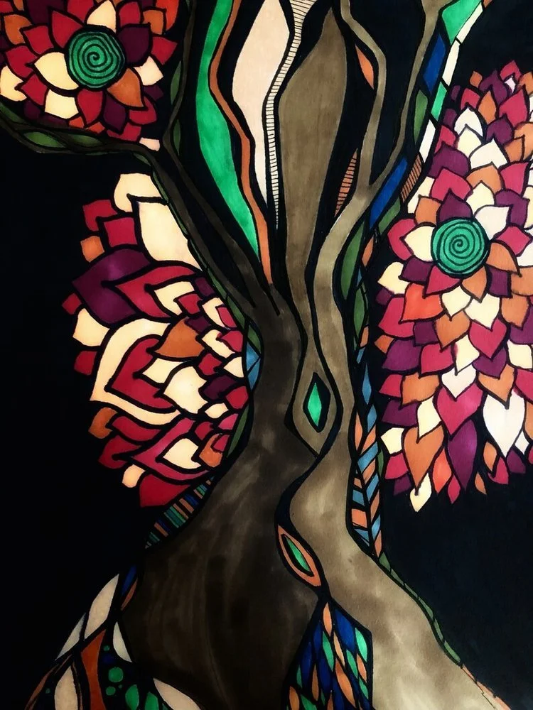 Drawing of a tree with shades of brown and green.