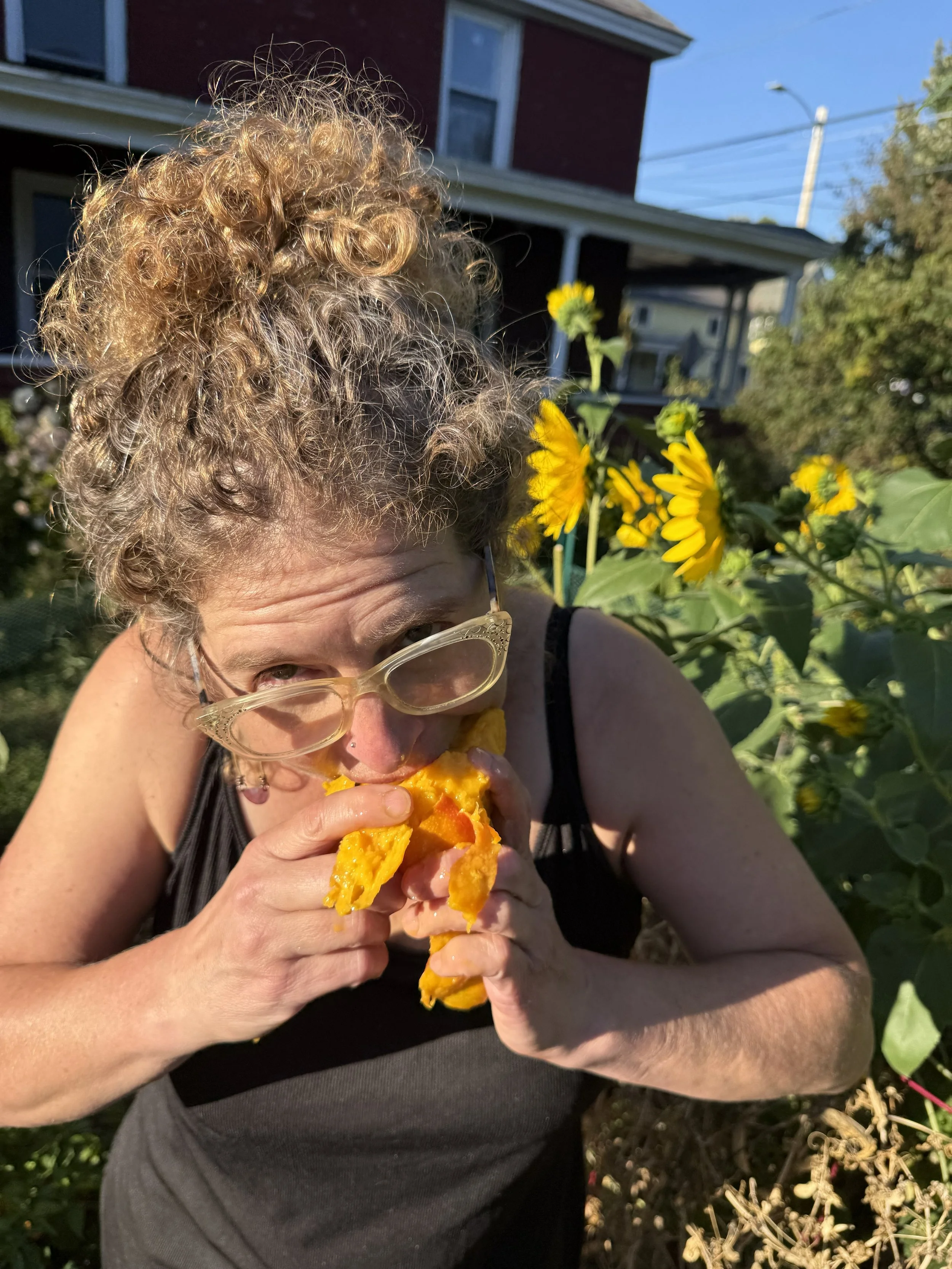 Rachel, a white middle aged woman with glasses and curly brown hair eats a whole mango with her hands. She is outside with sunflowers behind her.