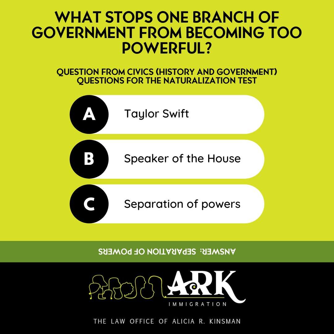 What stops one branch of government from becoming too powerful? 💪🇺🇸 Question from Civics test questions for the naturalization test. 

#immigration #usa #student #law #studyabroad #USCIS #visa