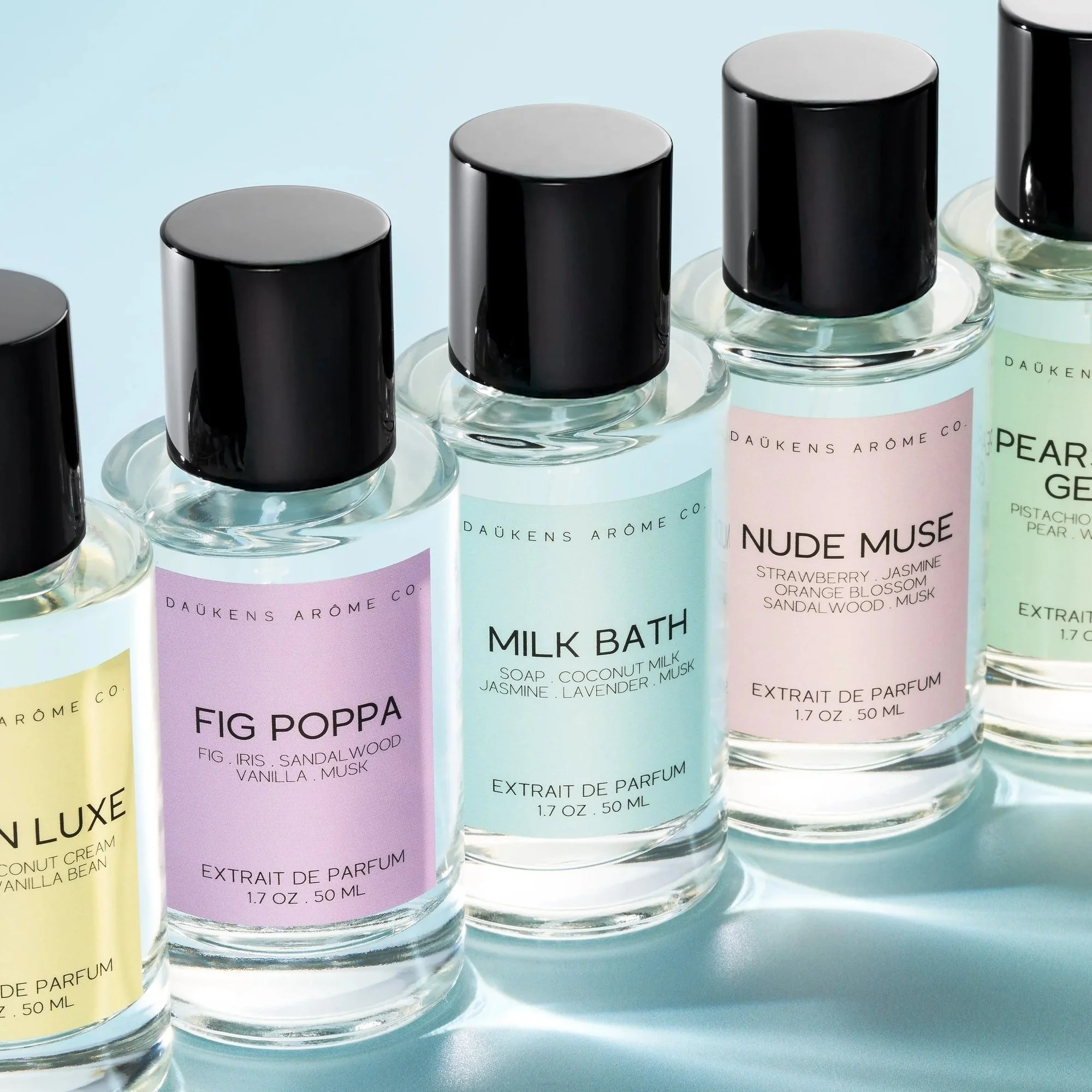 Six small perfume bottles with black caps in a row, labeled with different scents and ingredients, on a light blue surface.