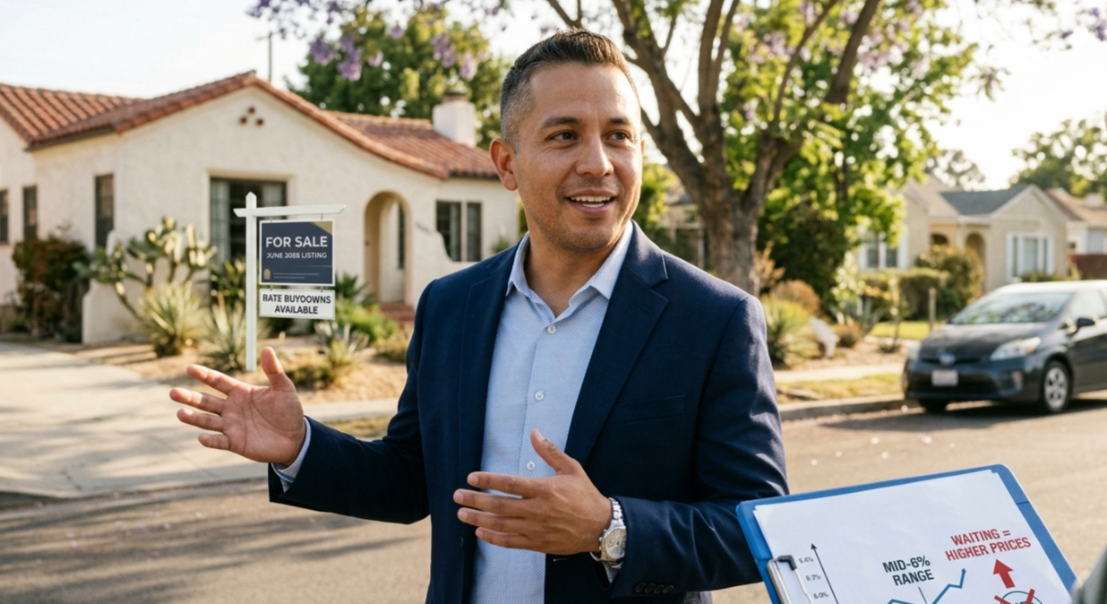 : A professional male mortgage loan officer in a blue suit standing in a sunny Southern California neighborhood, gesturing toward a "For Sale" yard sign featuring a rider that reads "Rate Buydowns Available."