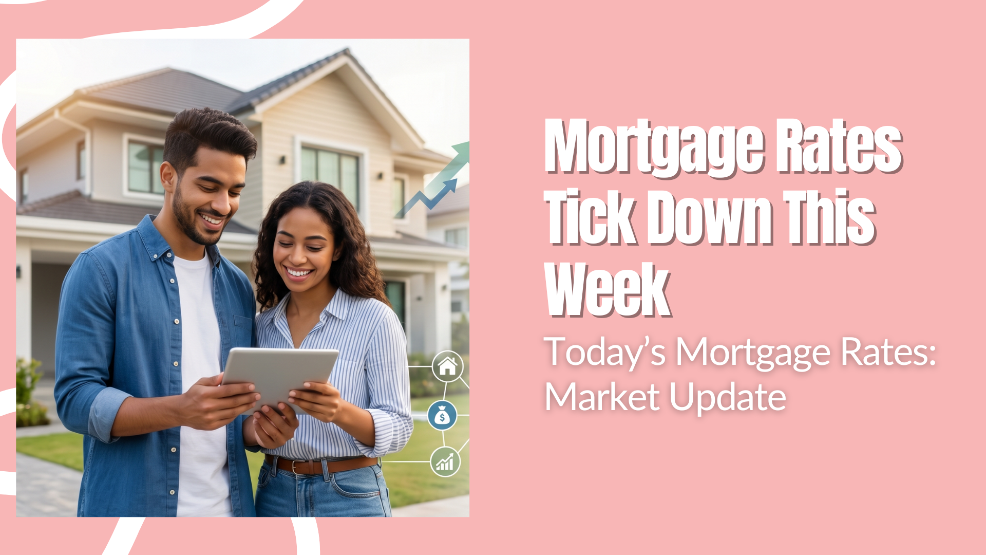 A professional real estate banner featuring a smiling couple reviewing mortgage rate data in front of a modern suburban home.