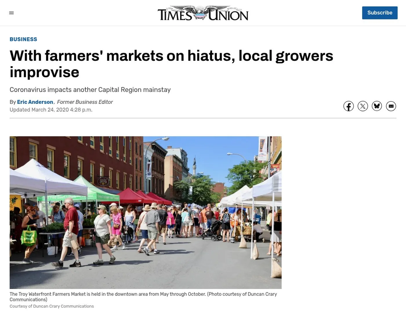 Times Union website, March 24, 2020: ‘With farmers' markets on hiatus, local growers improvise’ by Eric Anderson