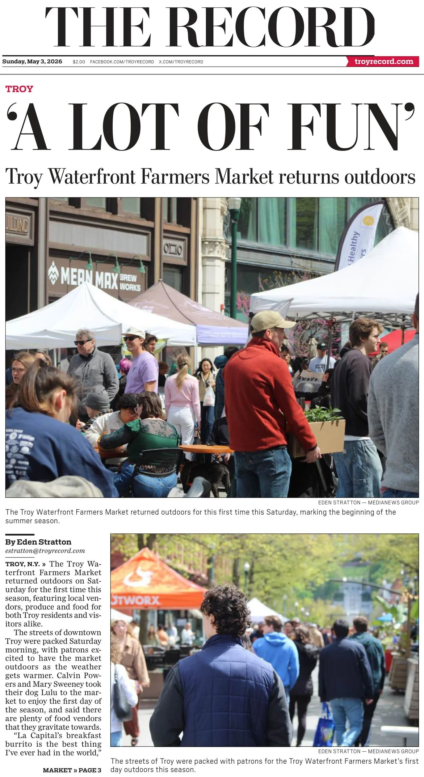 The Record front page, Sunday, May 3, 2026: ‘A Lot of Fun’ by Eden Stratton, with a photo of a crowd of shoppers at vendor tents on a sunny day, and a photo of patrons filling the downtown streets.