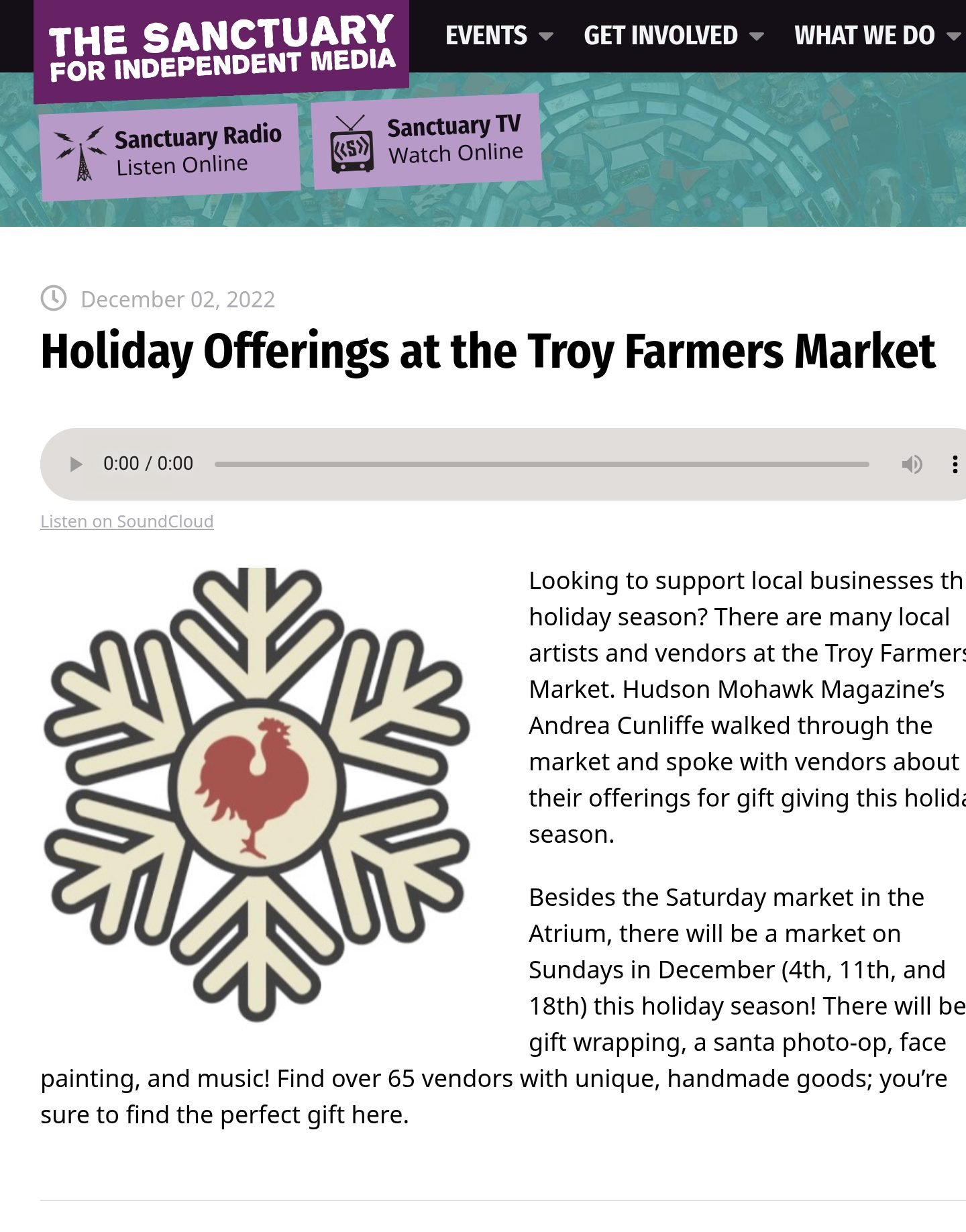 The Sanctuary for Independent Media website, Dec. 2, 2022: ‘Holiday Offerings at the Troy Farmers Market,’ with the story’s audio player (9:58), its artwork and the outlet’s description.