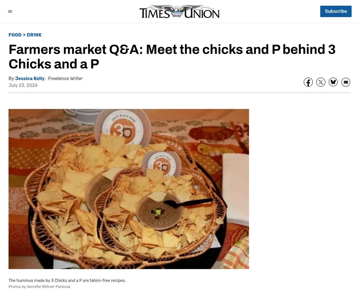 Times Union website, July 23, 2024: ‘Farmers market Q&A: Meet the chicks and P behind 3 Chicks and a P’ by Jessica Kelly