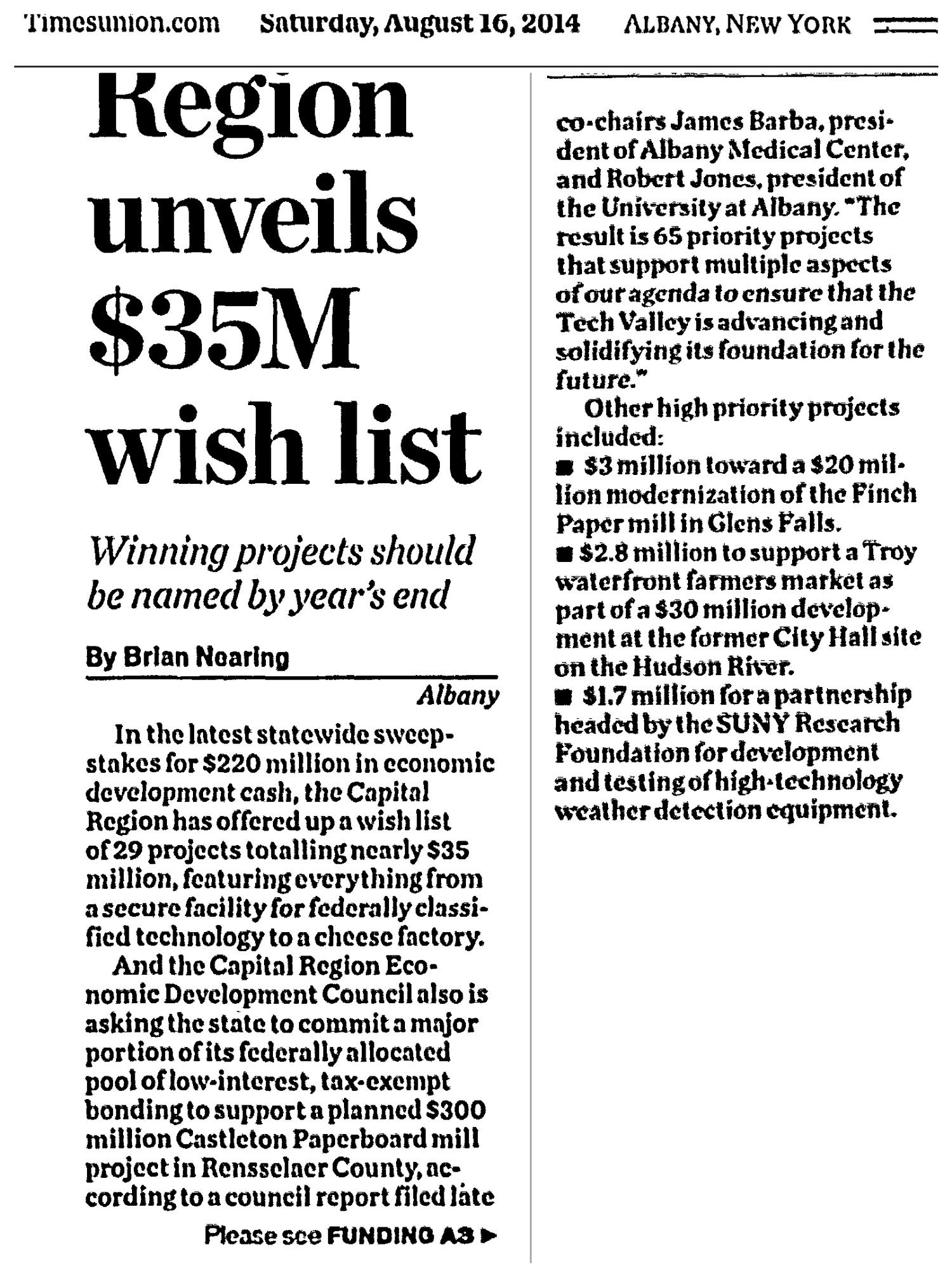 Times Union clipping, August 16, 2014, page A1 (jump to A3): “Region Unveils $35M Wish List,” which mentions the Troy Waterfront Farmers Market in Troy.