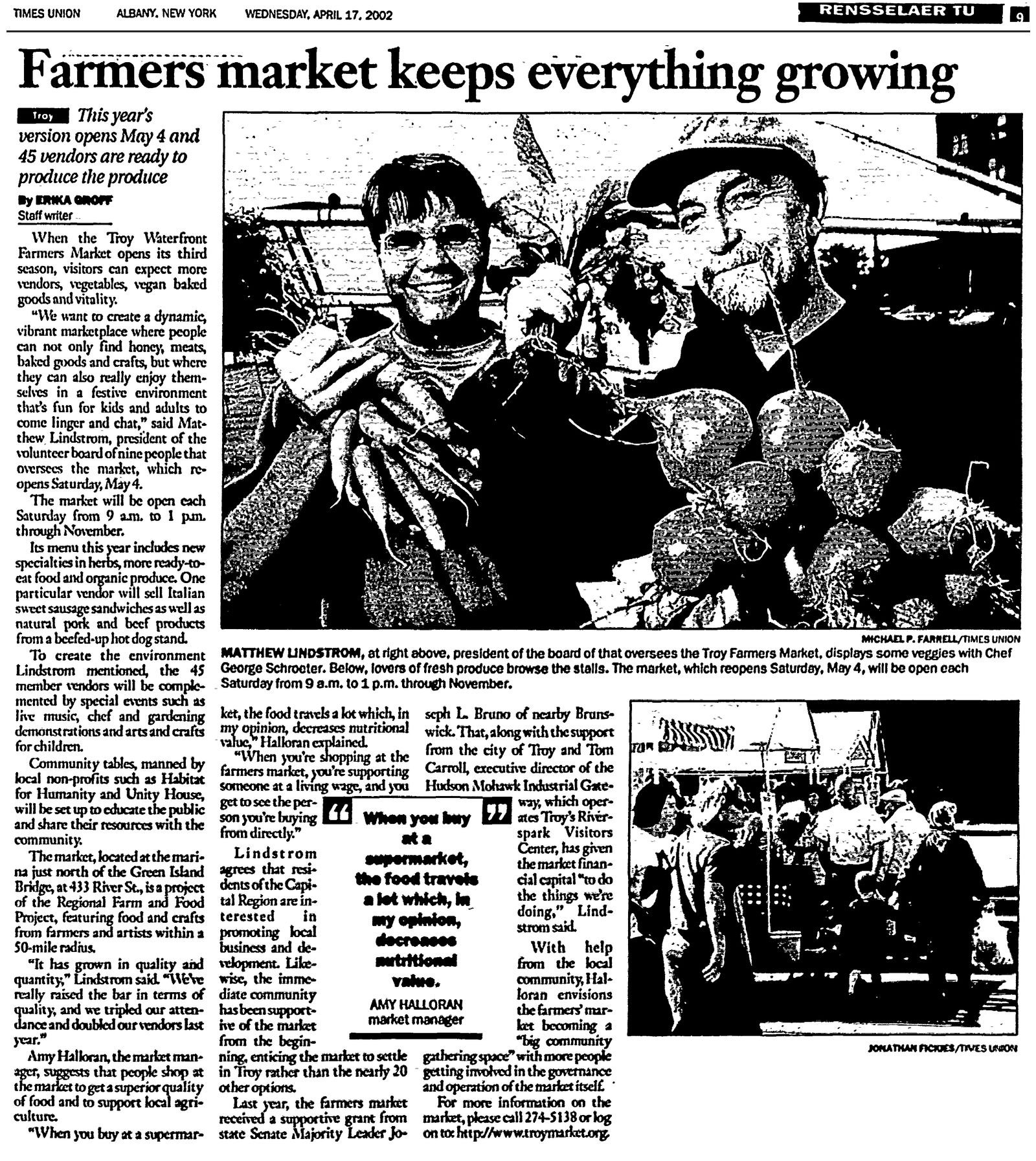 Times Union clipping, April 17, 2002, page F9: “Farmers Market Keeps Everything Growing,” about the Troy Waterfront Farmers Market in Troy.
