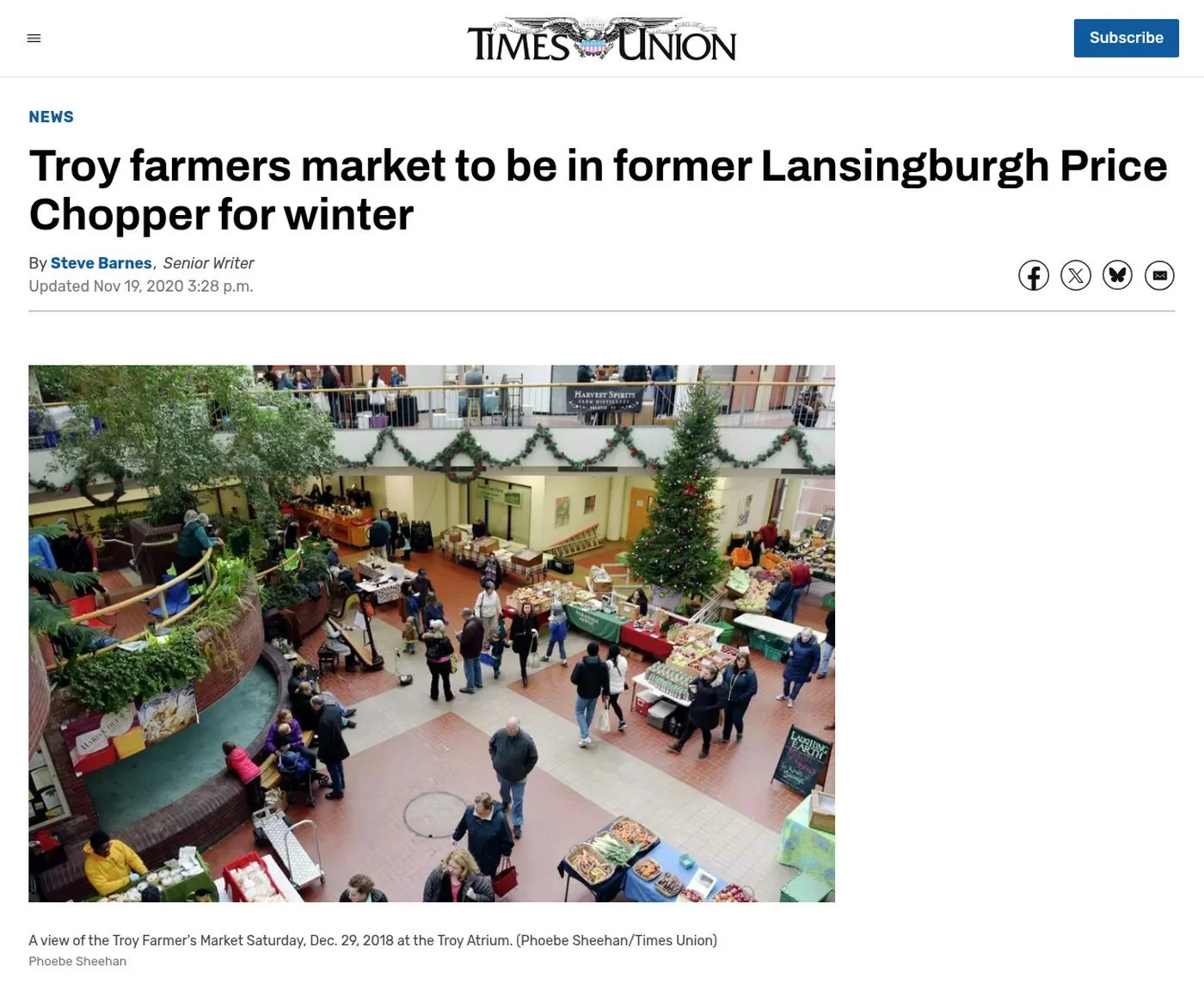 Times Union website, Nov. 18, 2020: ‘Troy farmers market to be in former Lansingburgh Price Chopper for winter’ by Steve Barnes