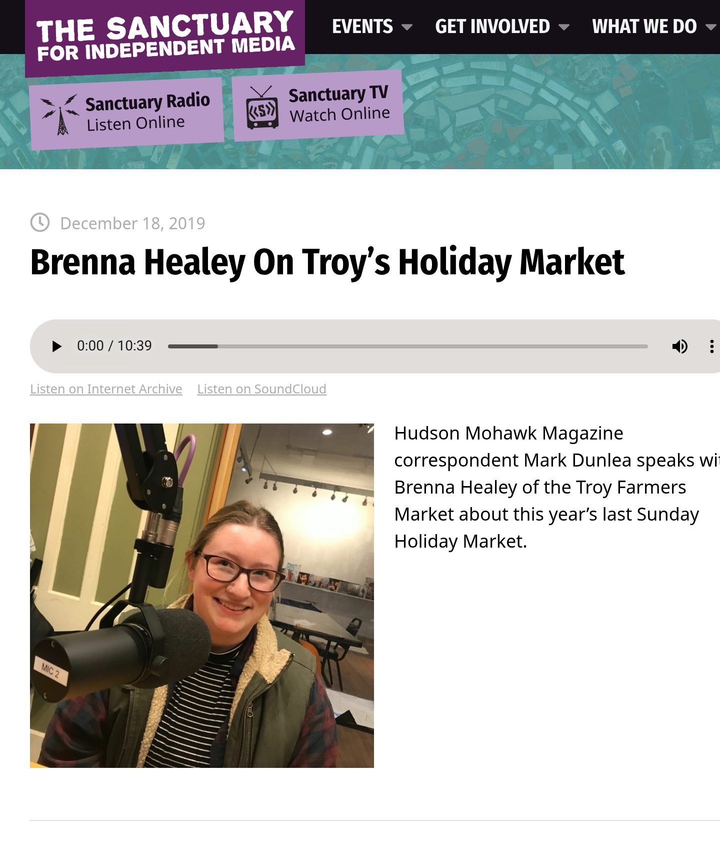 The Sanctuary for Independent Media website, Dec. 18, 2019: ‘Brenna Healey On Troy’s Holiday Market,’ with the story’s audio player (10:39), its artwork and the outlet’s description.