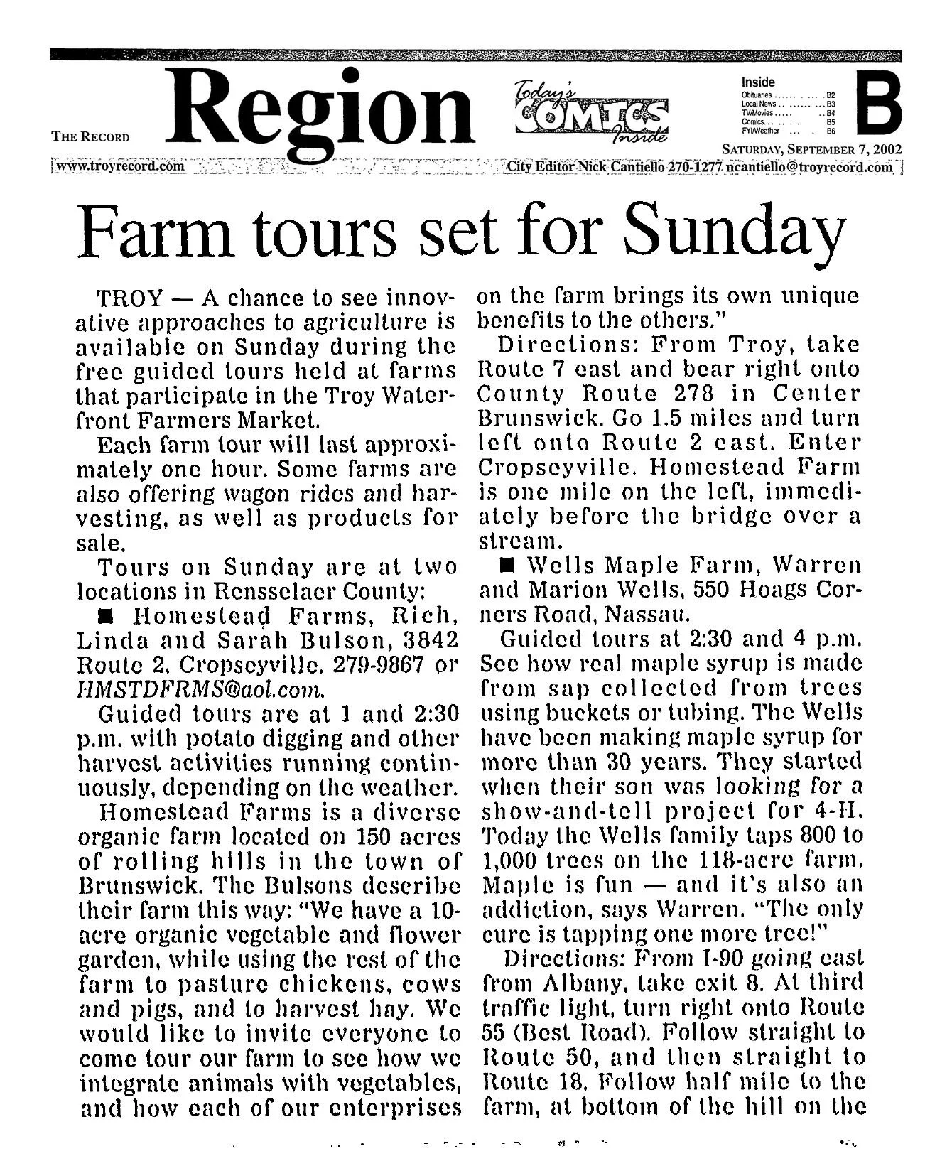 The Record Region section front, Saturday, September 7, 2002, page B1: “Farm tours set for Sunday,” on free guided tours of two farms that sell at the Troy Waterfront Farmers Market.