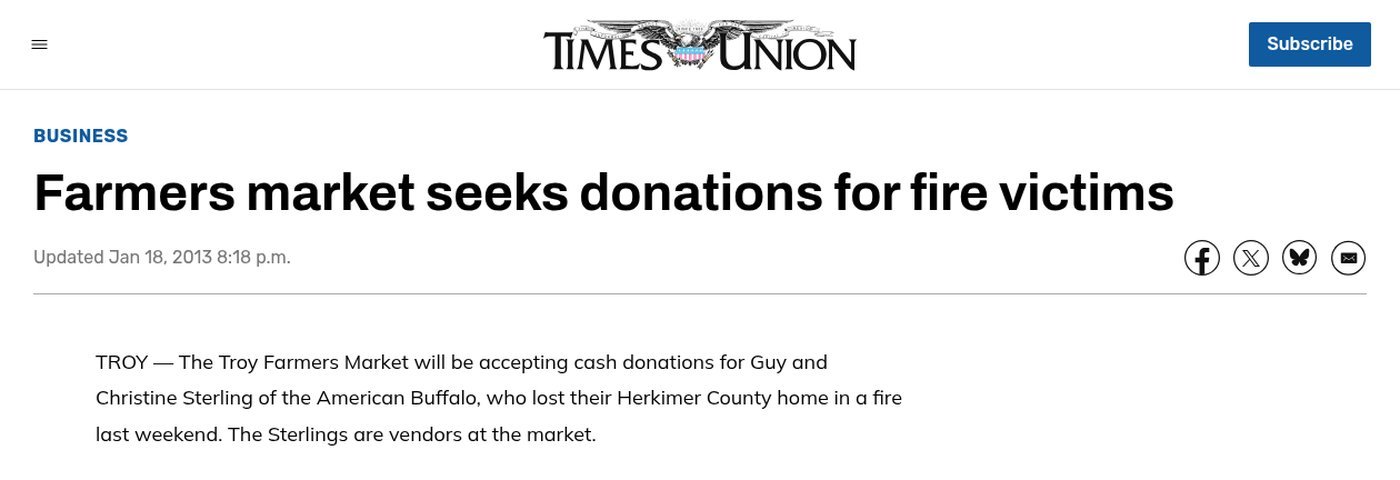 Times Union website, Jan. 18, 2013: ‘Farmers market seeks donations for fire victims’ by Eric Anderson