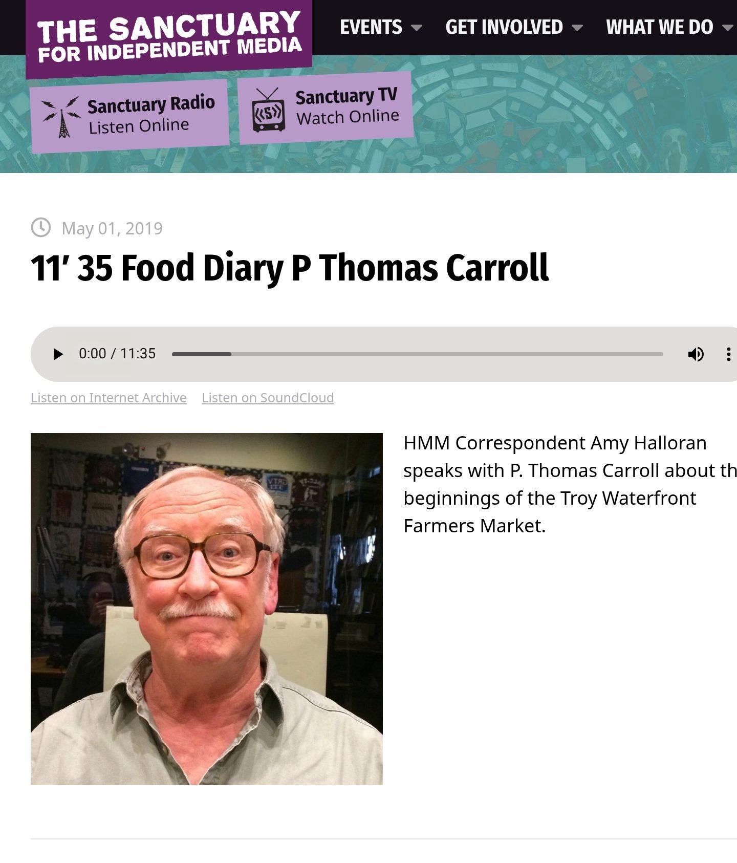 The Sanctuary for Independent Media website, May 1, 2019: ‘11′ 35 Food Diary P Thomas Carroll,’ with the story’s audio player (11:35), its artwork and the outlet’s description.
