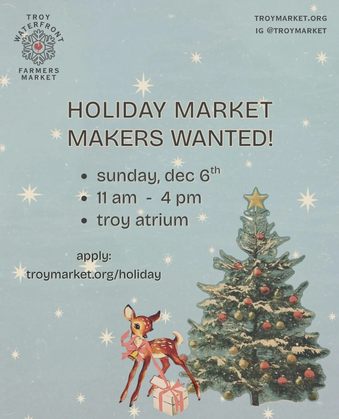 ❗️CORRECTION❗️hours for our holiday market will be 11am - 4pm, please excuse the typo in last week&rsquo;s post 😔 vendor applications are open until November 15th! Link in bio