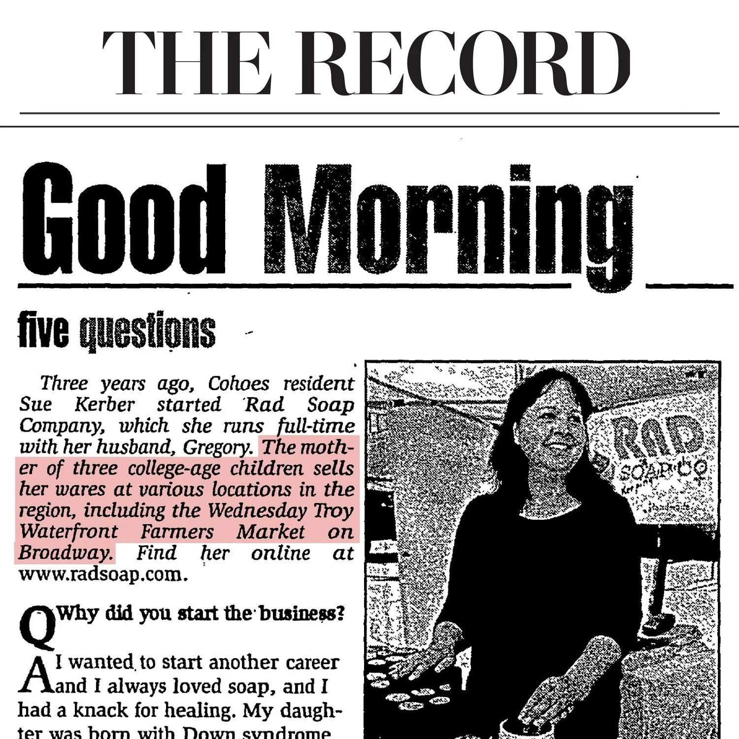 Good Morning: Five Questions for Sue Kerber of Rad Soap Company (The Record)