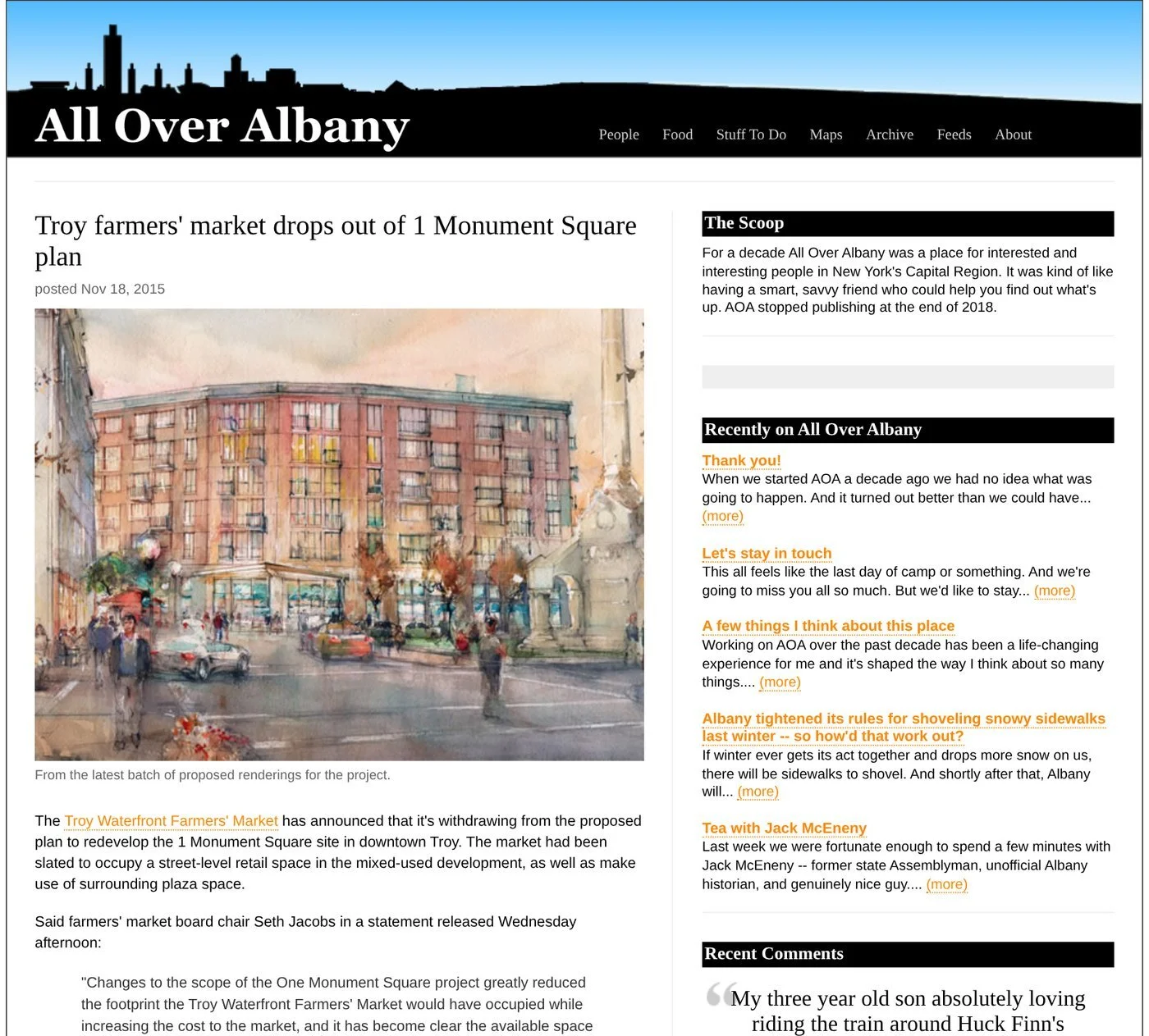All Over Albany website, Nov. 18, 2015: ‘Troy farmers’ market drops out of 1 Monument Square plan’, with a rendering of the proposed building