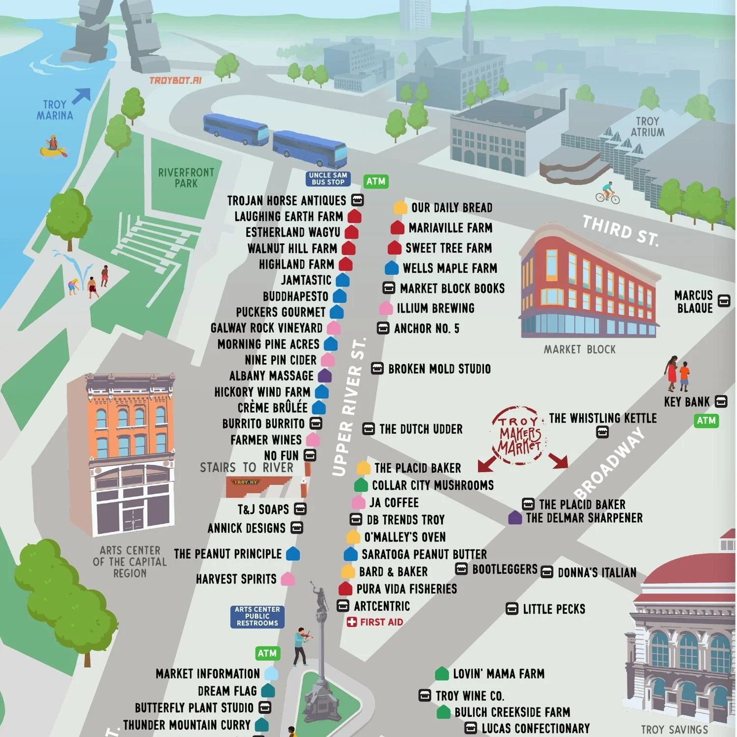 Illustrated 2026 Troy Waterfront Farmers Market vendor map of River Street, Third Street and Broadway.
