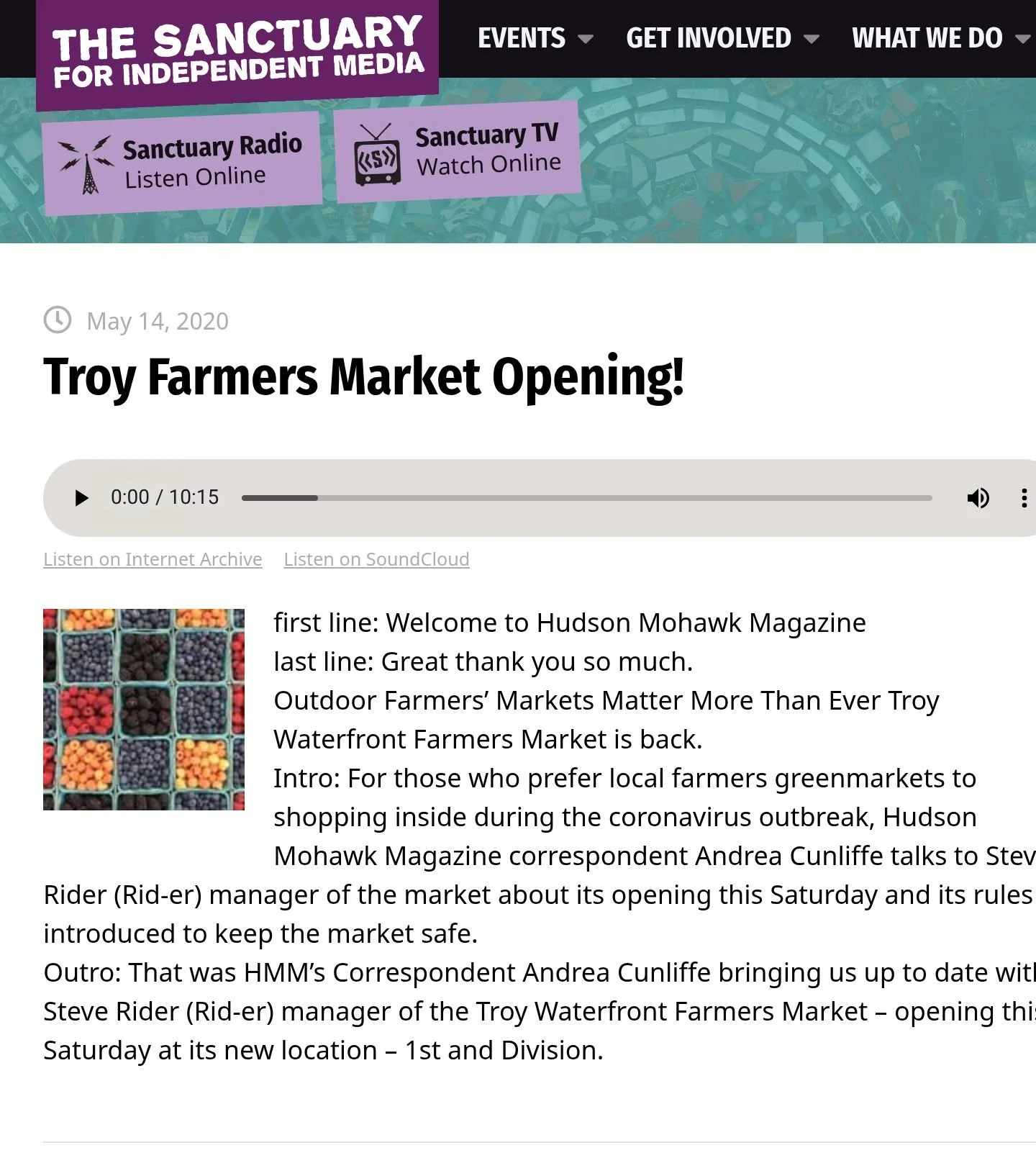 The Sanctuary for Independent Media website, May 14, 2020: ‘Troy Farmers Market Opening!,’ with the story’s audio player (10:15), its artwork and the outlet’s description.