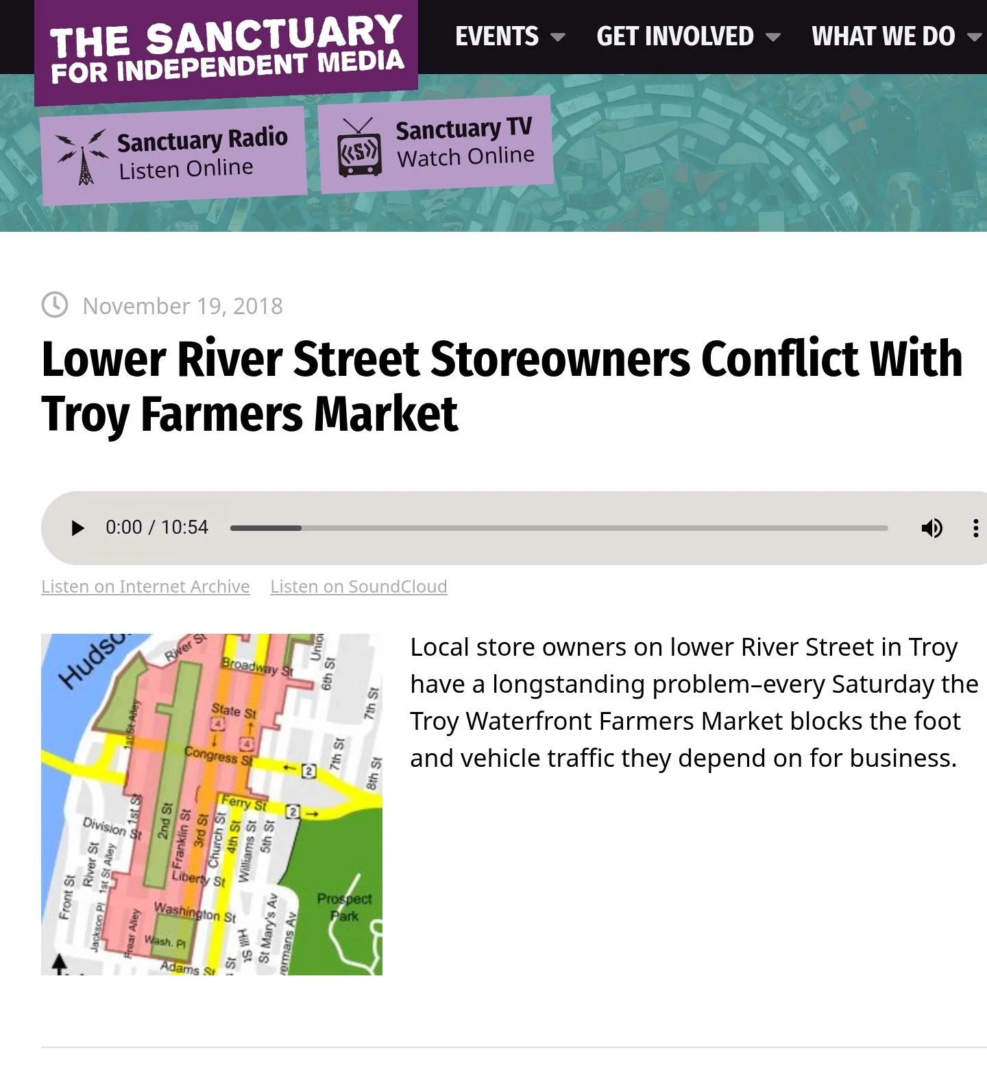 The Sanctuary for Independent Media website, Nov. 19, 2018: ‘Lower River Street Storeowners Conflict With Troy Farmers Market,’ with the story’s audio player (10:54), its artwork and the outlet’s description.