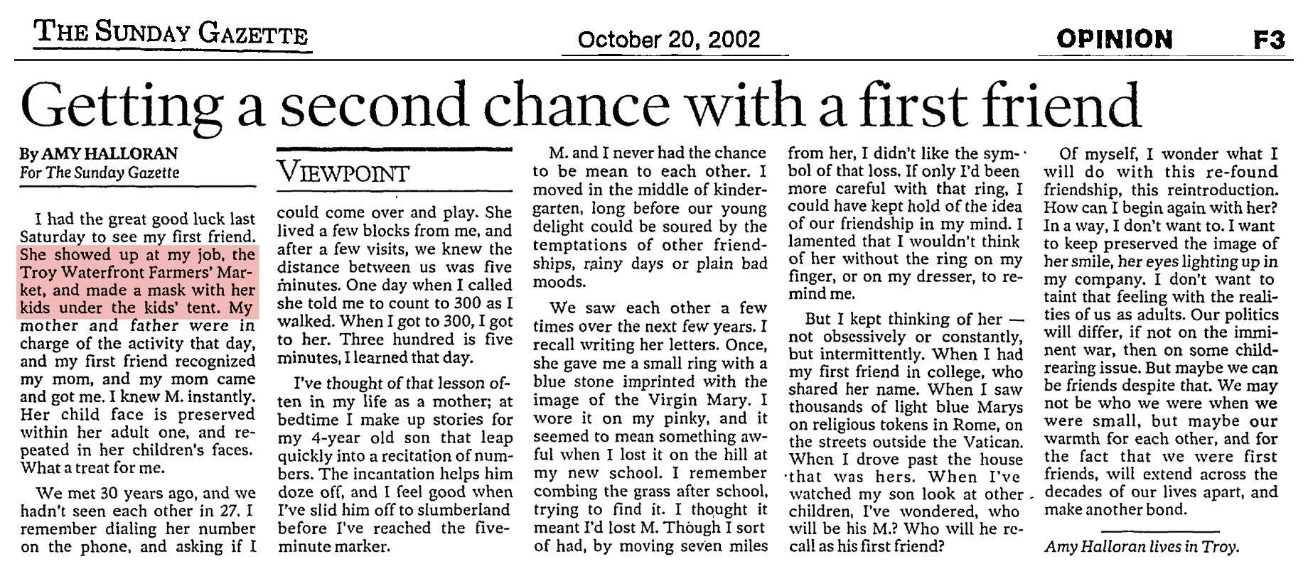 The Sunday Gazette, October 20, 2002, Opinion page F3: “Getting a second chance with a first friend,” a Viewpoint column by Amy Halloran, then the market manager, which opens at the Troy Waterfront Farmers’ Market (highlighted).
