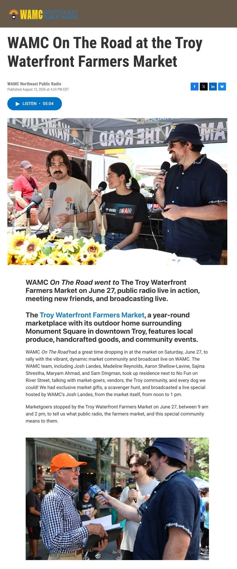 WAMC website, Aug. 12, 2026: ‘WAMC On The Road at the Troy Waterfront Farmers Market,’ with a Listen button for the 55-minute broadcast, a photo of WAMC hosts broadcasting live under a tent behind sunflowers, and a reporter interviewing a marketgoer.