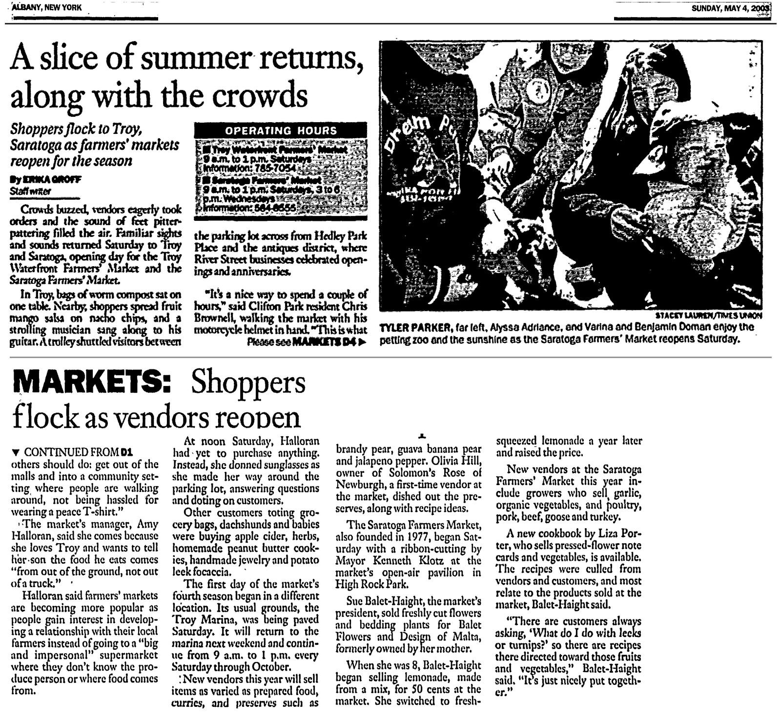 Times Union clipping, May 4, 2003: “A Slice of Summer Returns, Along With the Crowds,” about the Troy Waterfront Farmers Market in Troy.