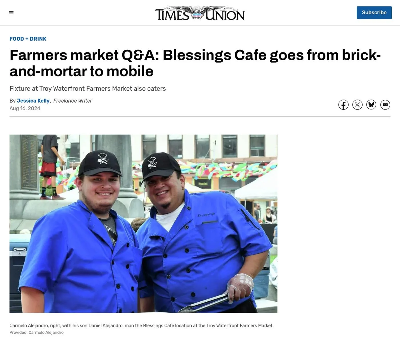 Times Union website, Aug. 16, 2024: ‘Farmers market Q&A: Blessings Cafe goes from brick-and-mortar to mobile’ by Jessica Kelly