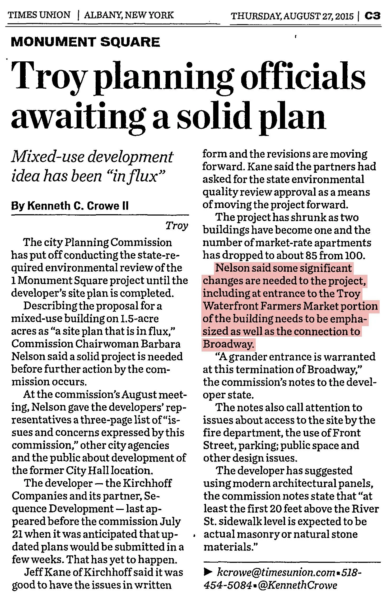Times Union clipping, Thursday, August 27, 2015, page C3: “Troy planning officials awaiting a solid plan,” by Kenneth C. Crowe II, about the 1 Monument Square project, with the passage about the Troy Waterfront Farmers Market entrance highlighted.
