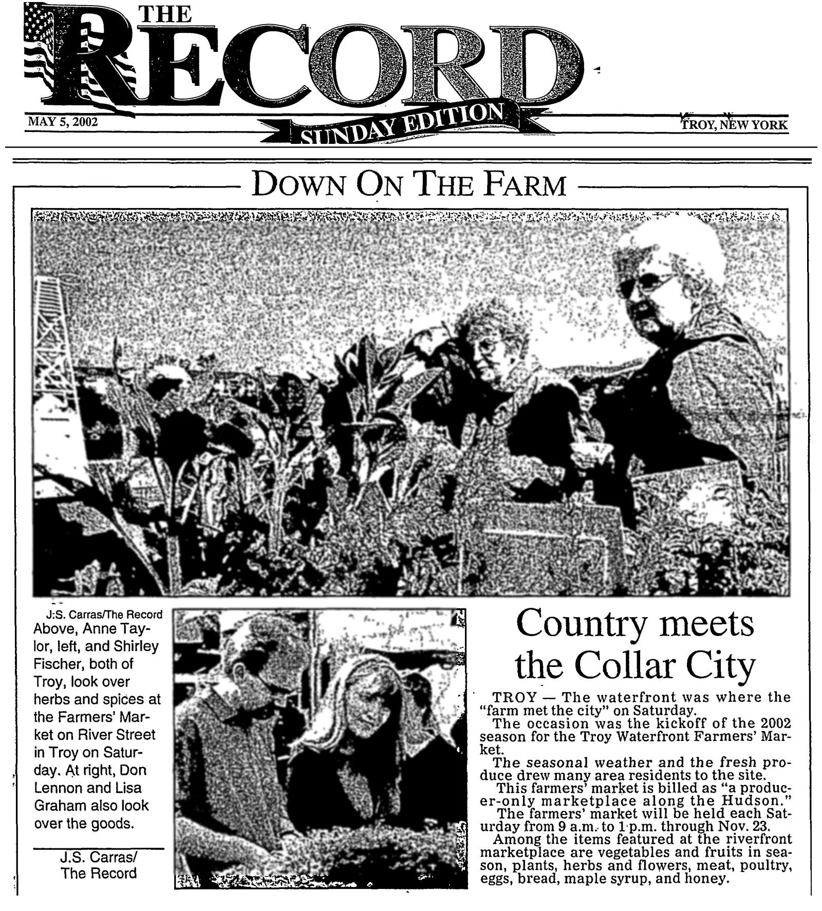 The Record Sunday front page, May 5, 2002: "Down on the Farm" photos by J.S. Carras and the brief "Country meets the Collar City," on opening day of the 2002 Troy Waterfront Farmers' Market.