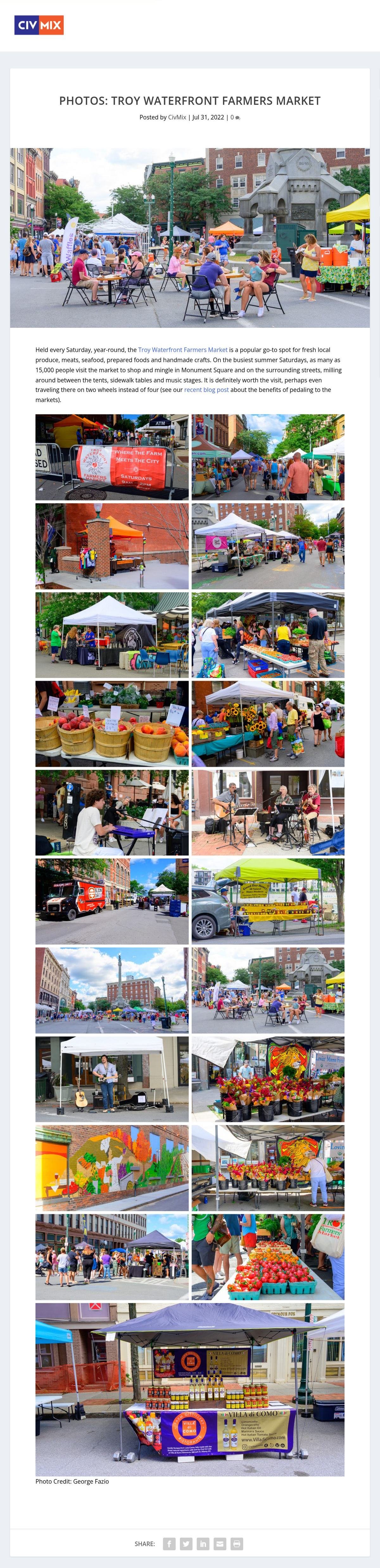 CivMix website, July 31, 2022: 'Photos: Troy Waterfront Farmers Market,' a gallery of 21 photos by George Fazio of vendor tents, produce, flowers, musicians and shoppers in Monument Square, with a short introduction.