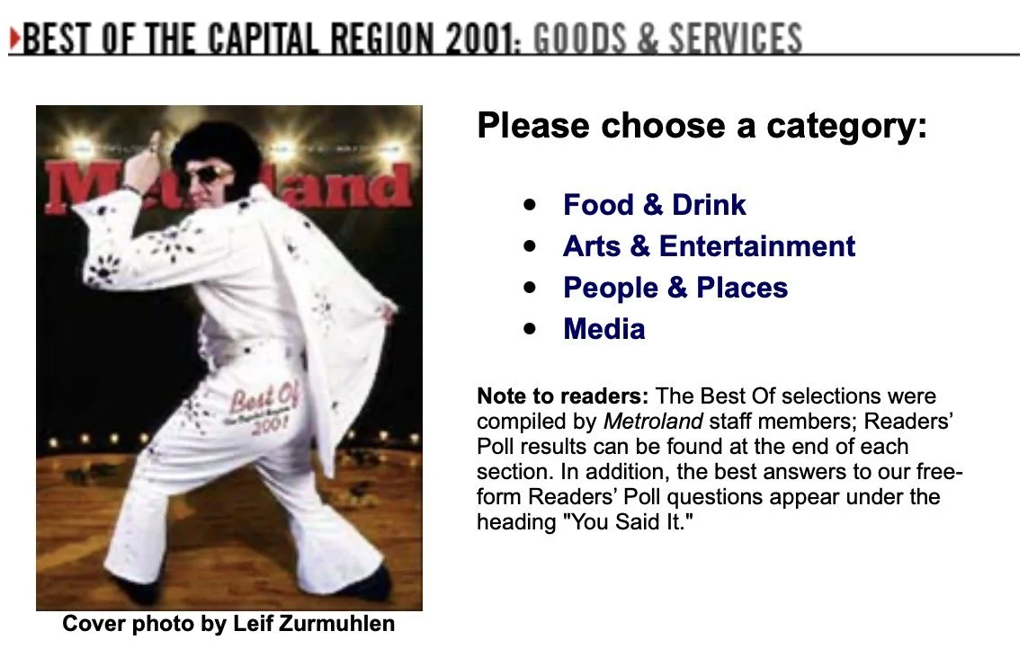 Metroland's archived 2001 'Best of the Capital Region 2001: Goods & Services' page, with the Best Of issue cover (a performer in a white Elvis jumpsuit, photo by Leif Zurmuhlen) and a list of categories.
