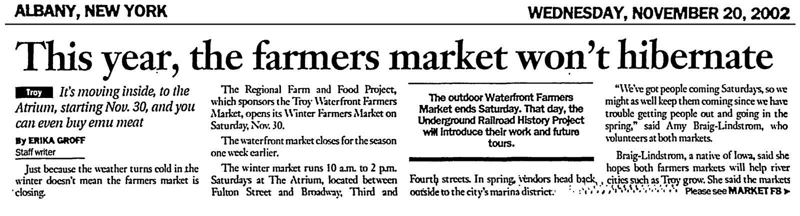 Times Union clipping, November 20, 2002: “The Market Won’t Hibernate,” about the Troy Waterfront Farmers Market in Troy.