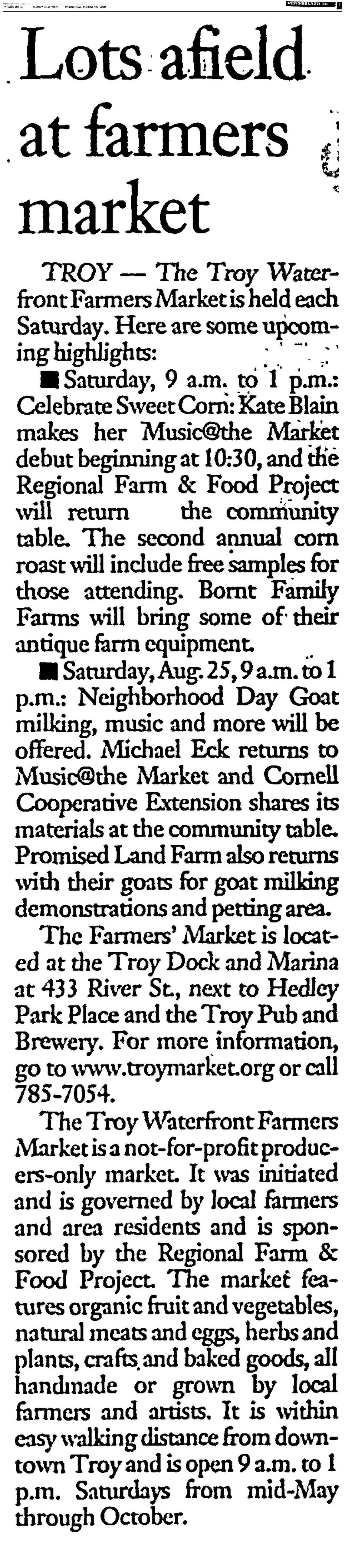 Times Union clipping, August 15, 2001, Rensselaer TU: “Lots Afield at Farmers Market,” about the Troy Waterfront Farmers Market in Troy.