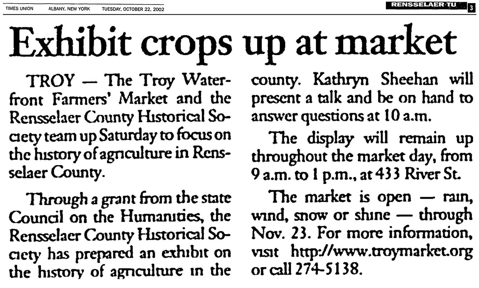 Times Union clipping, October 22, 2002, Rensselaer TU, p. 3: “Exhibit Crops Up at Market,” about the Troy Waterfront Farmers Market in Troy.