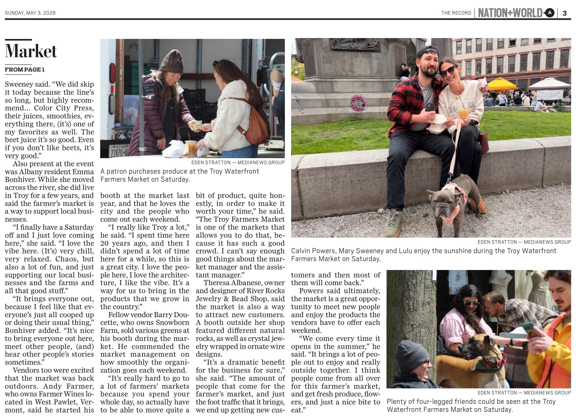 The Record page A3, Sunday, May 3, 2026: continuation of ‘A Lot of Fun’ from the front page, with photos of a patron buying produce, Calvin Powers and Mary Sweeney with dog Lulu, and dogs at market.
