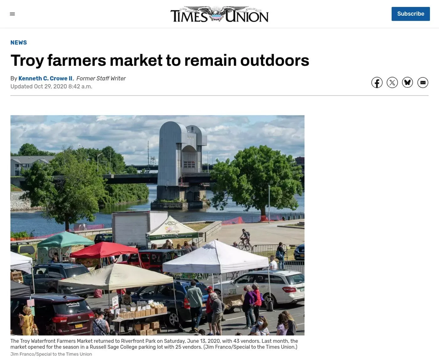 Times Union website, Oct. 29, 2020: ‘Troy farmers market to remain outdoors’ by Kenneth C. Crowe II