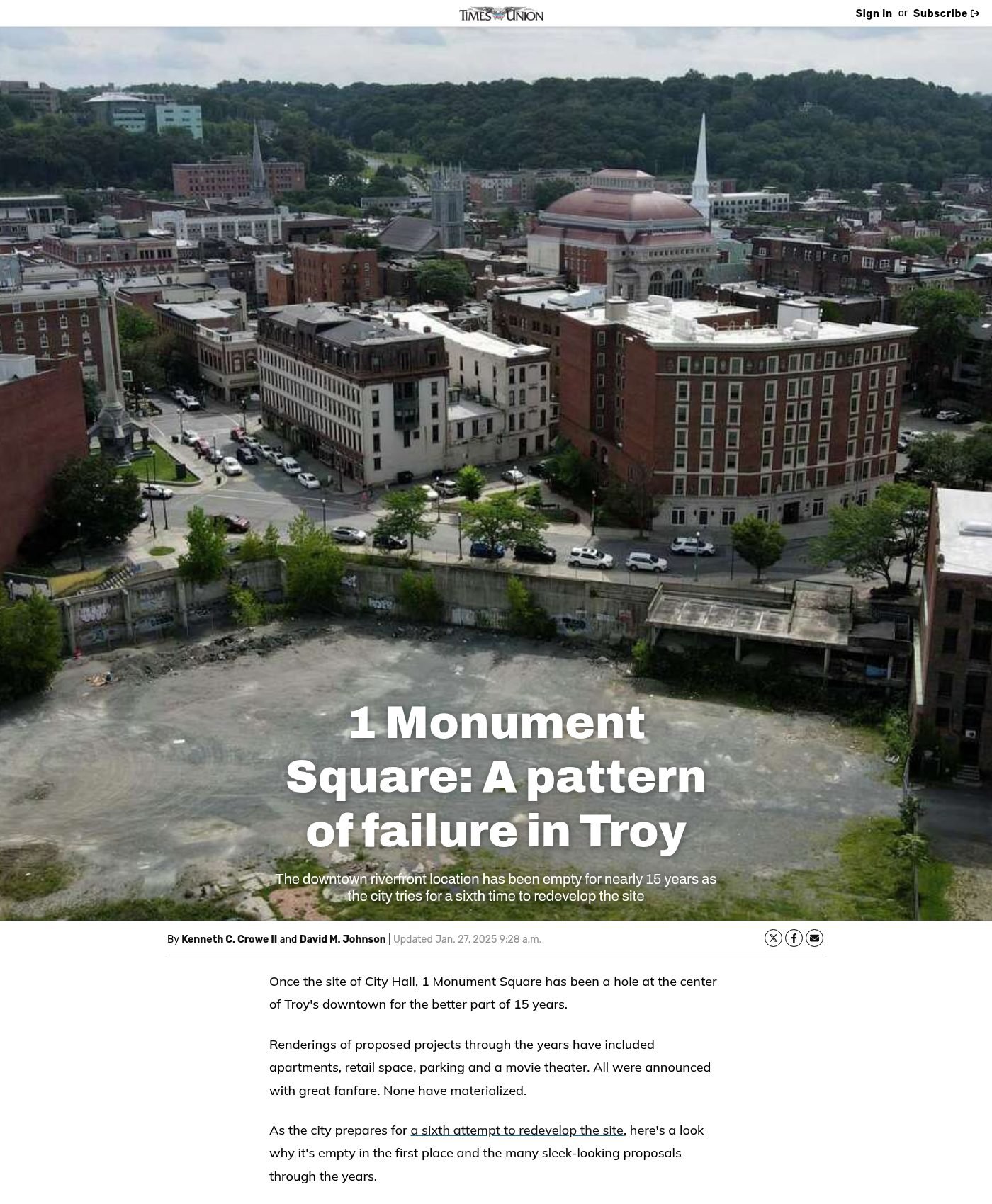 Times Union website, Jan. 27, 2025: ‘1 Monument Square: A pattern of failure in Troy’ by Kenneth C. Crowe II and David M. Johnson