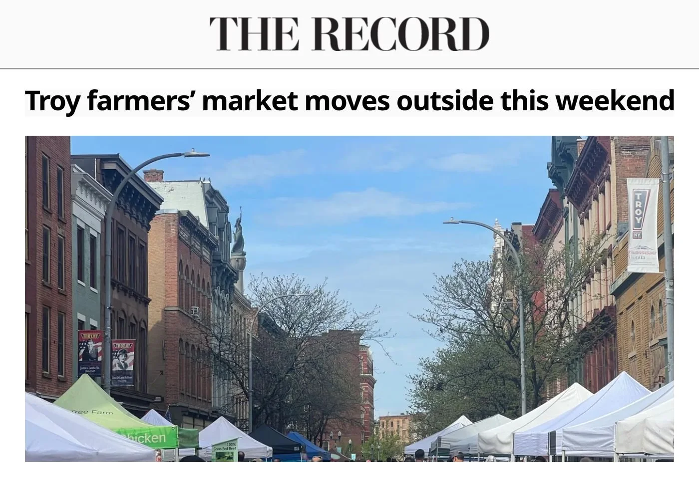 Troy Record website, May 2, 2025: ‘Troy farmers’ market moves outside this weekend’, with a photo of opening-day crowds filling a downtown street at the market in 2024.