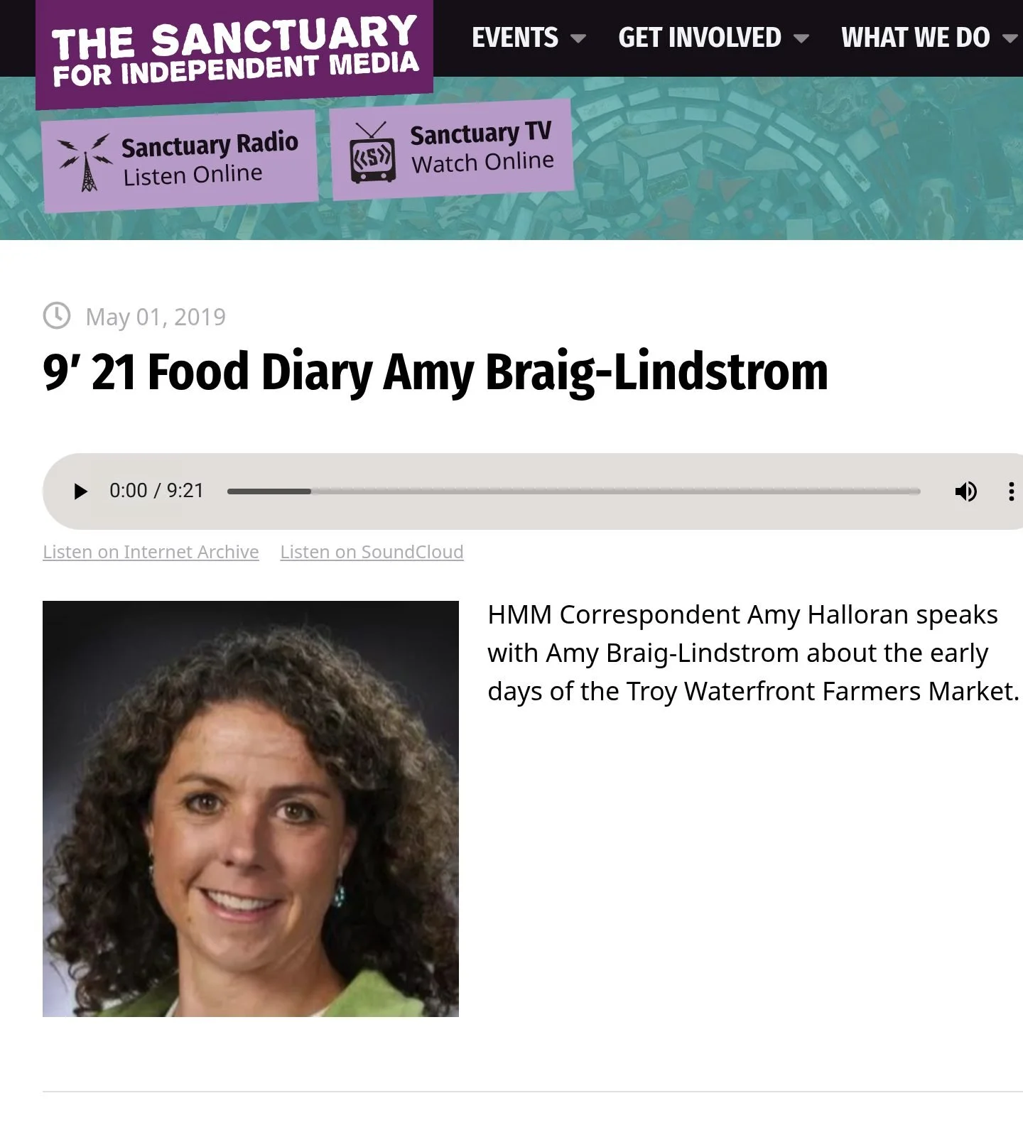 The Sanctuary for Independent Media website, May 1, 2019: ‘9′ 21 Food Diary Amy Braig-Lindstrom,’ with the story’s audio player (9:21), its artwork and the outlet’s description.