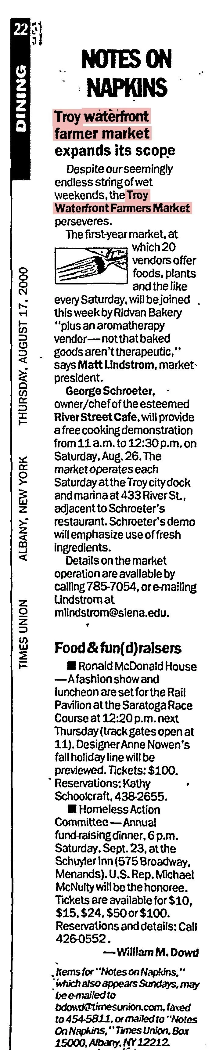 Times Union clipping, Thursday, August 17, 2000, page P22 (Dining): William M. Dowd’s “Notes on Napkins” column, led by the item “Troy waterfront farmer market expands its scope,” with mentions of the Troy Waterfront Farmers Market highlighted.